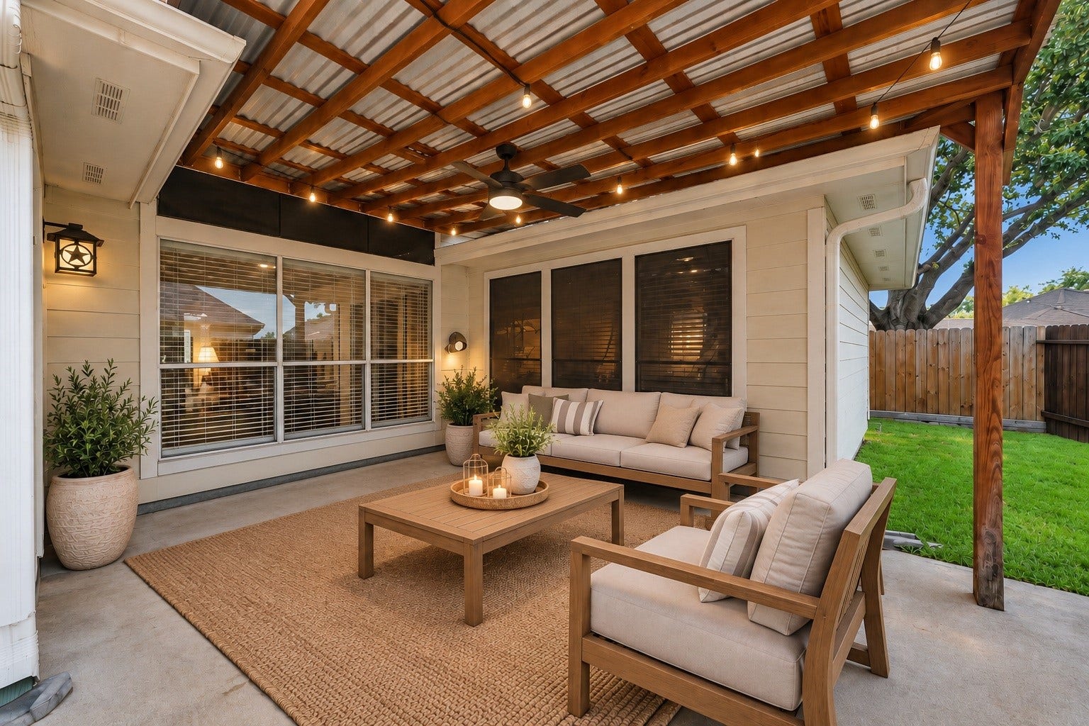 2331 Princess Deanna Lane, Katy, TX 77493 Virtually Staged: Designed for outdoor living, this spacious back porch provides covered shelter with its exposed wood overhead framework. The wide concrete area accommodates patio furniture, connecting indoor living spaces.