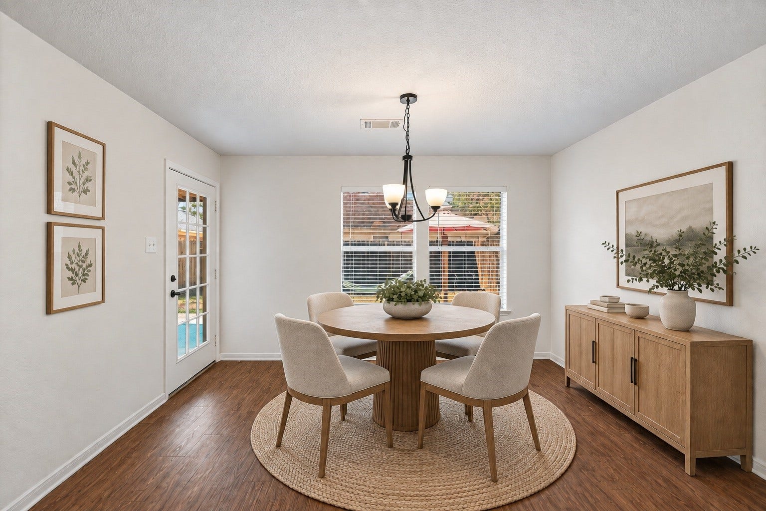 2331 Princess Deanna Lane, Katy, TX 77493 Virtually Staged: This dining nook connects indoor living directly to the outdoors. The room benefits from central overhead lighting, wide windows overlooking the grounds, and direct backyard access.