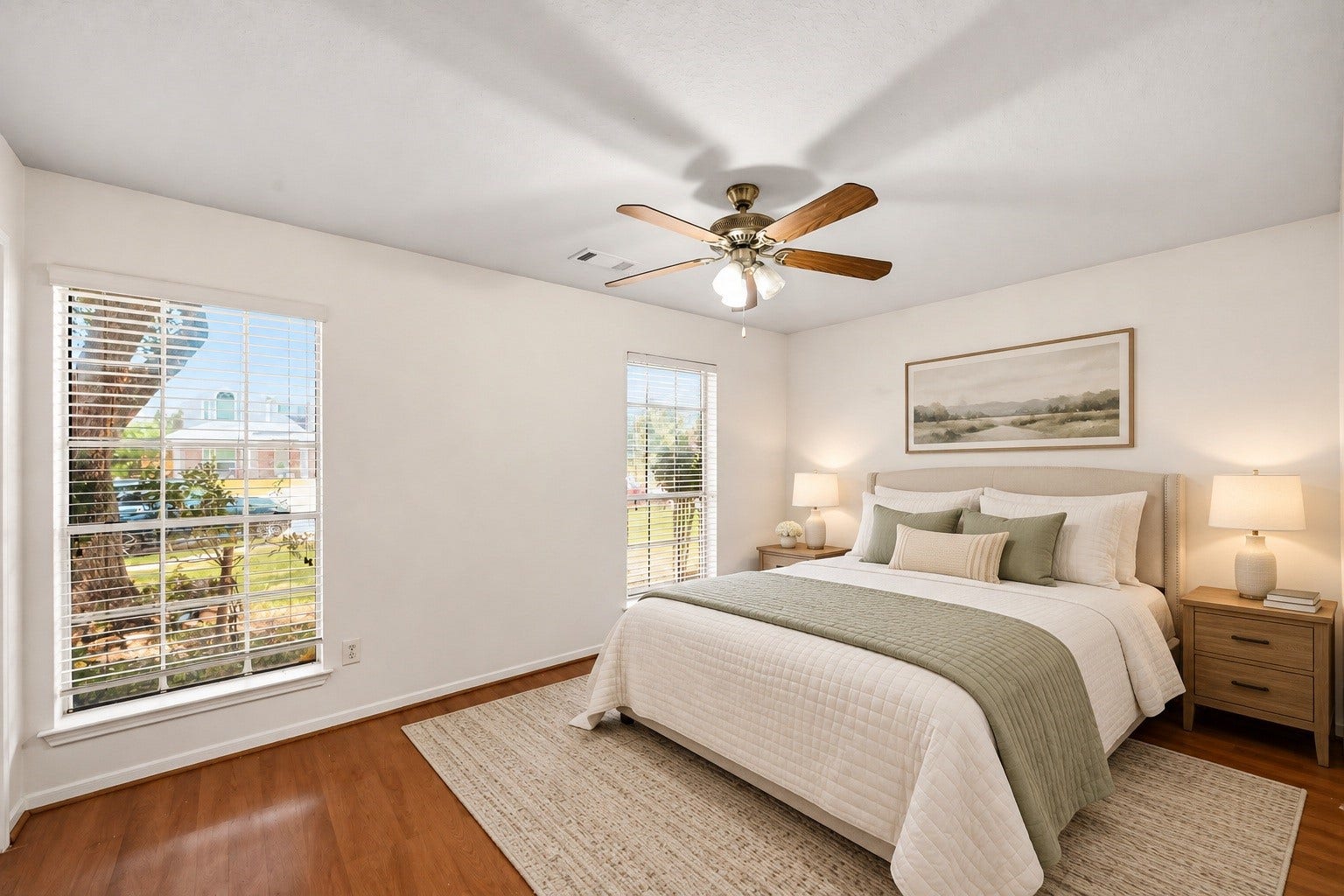2331 Princess Deanna Lane, Katy, TX 77493 Virtually Staged: This secondary bedroom features a spacious, open layout highlighted by low-maintenance wood-look flooring and a light-integrated ceiling fan