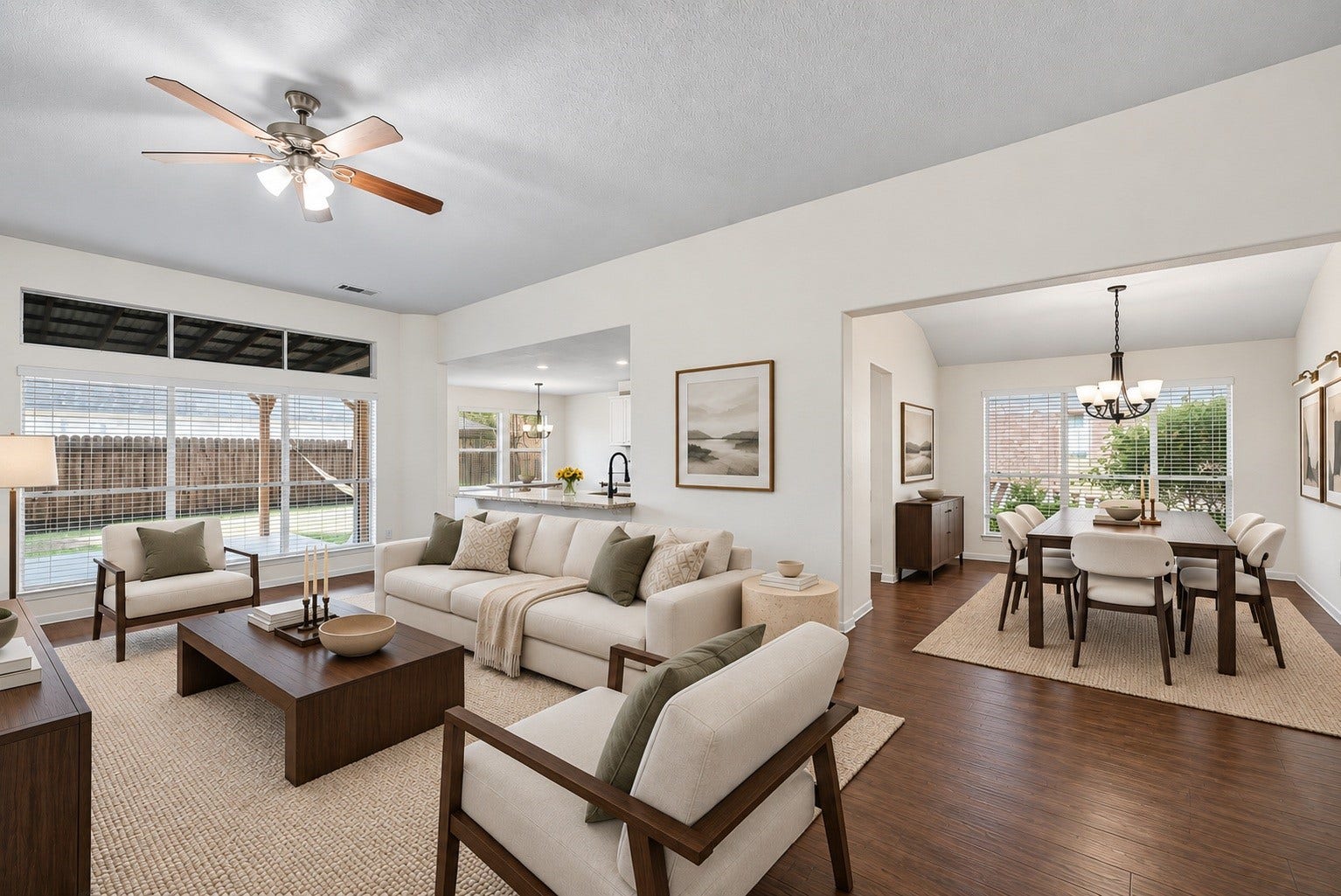 2331 Princess Deanna Lane, Katy, TX 77493 Virtually Staged: Highlighting expansive square footage and a fluid layout, this living room accommodates multiple seating areas alongside a dedicated dining zone.
