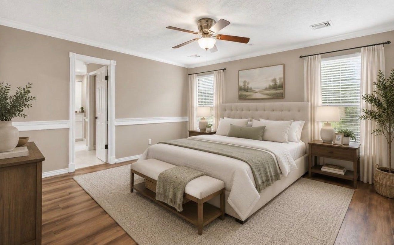 The primary bedroom is virtually staged to give the potential buyer an idea of how to furnish this space.