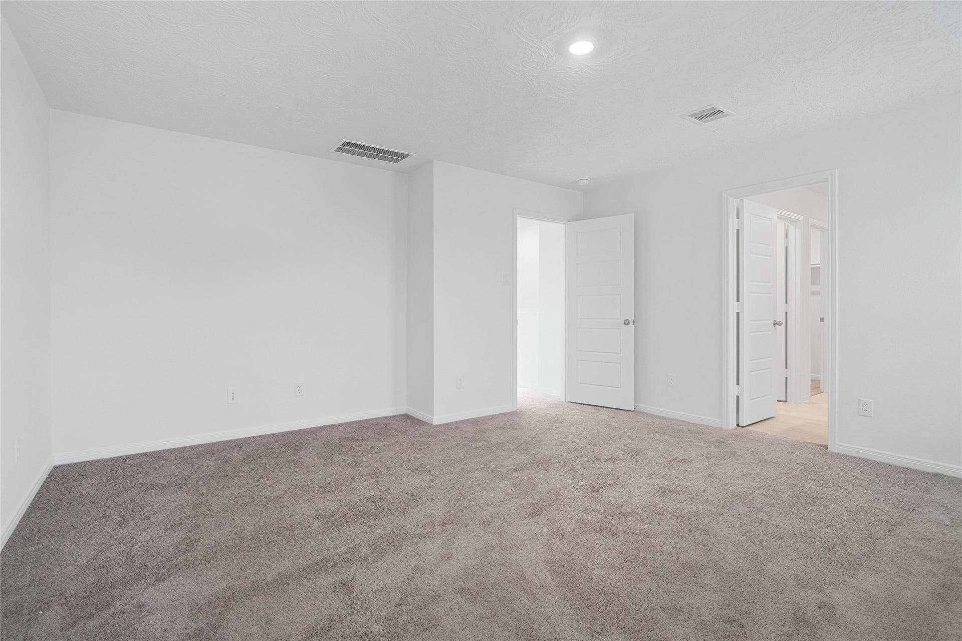 5623 Blackbird Lane, Hitchcock, TX 77563 The primary bedroom offers a spacious retreat with soft gray carpeting, crisp white walls, and recessed lighting for a clean, contemporary feel. The neutral palette makes it easy to personalize the space and create a relaxing place to unwind.
