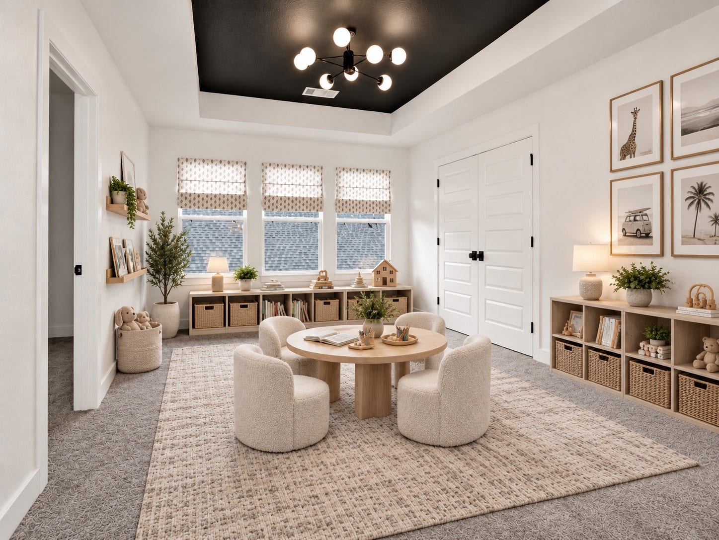 Custom ceiling detailing paired with upgraded designer lighting adds depth, elegance, and a refined luxury feel to the space.