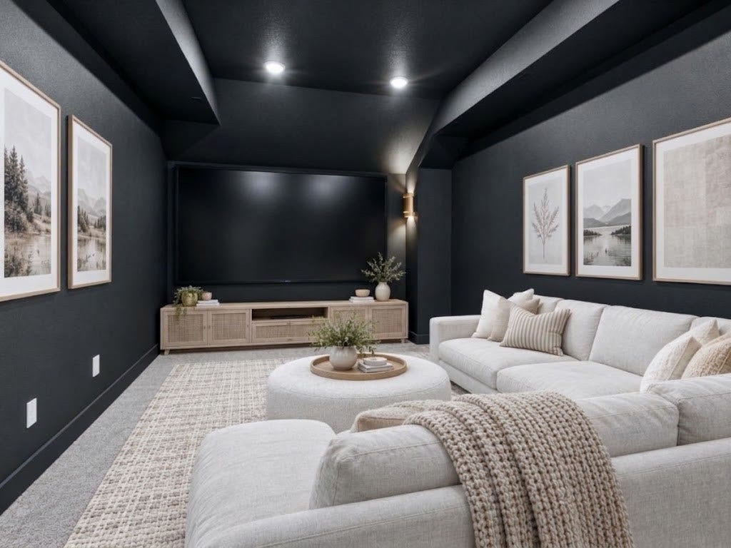 Luxury media room featuring custom color-drenched paint, creating a rich, dramatic ambiance designed for elevated movie nights, gaming, and entertaining.