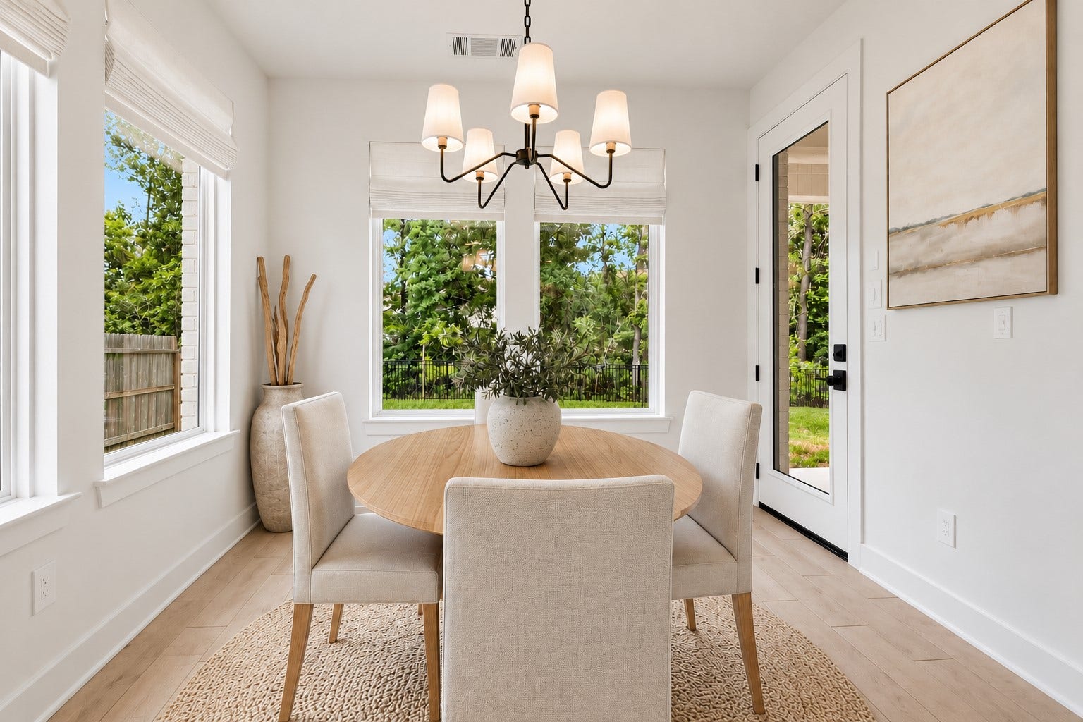 Bright breakfast room framed by stunning windows and accented by a custom chandelier, creating an elegant space to dine while enjoying beautiful natural light and surrounding views.