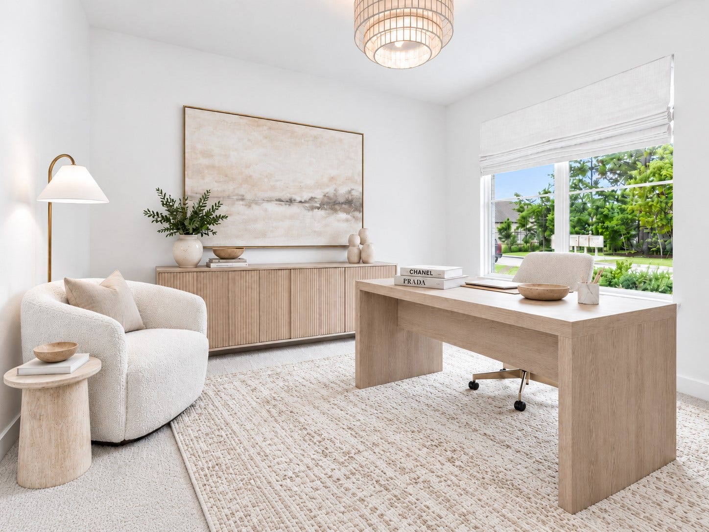 Spacious study enhanced with custom high-end lighting, creating a sophisticated and inspiring space ideal for work or quiet retreat.