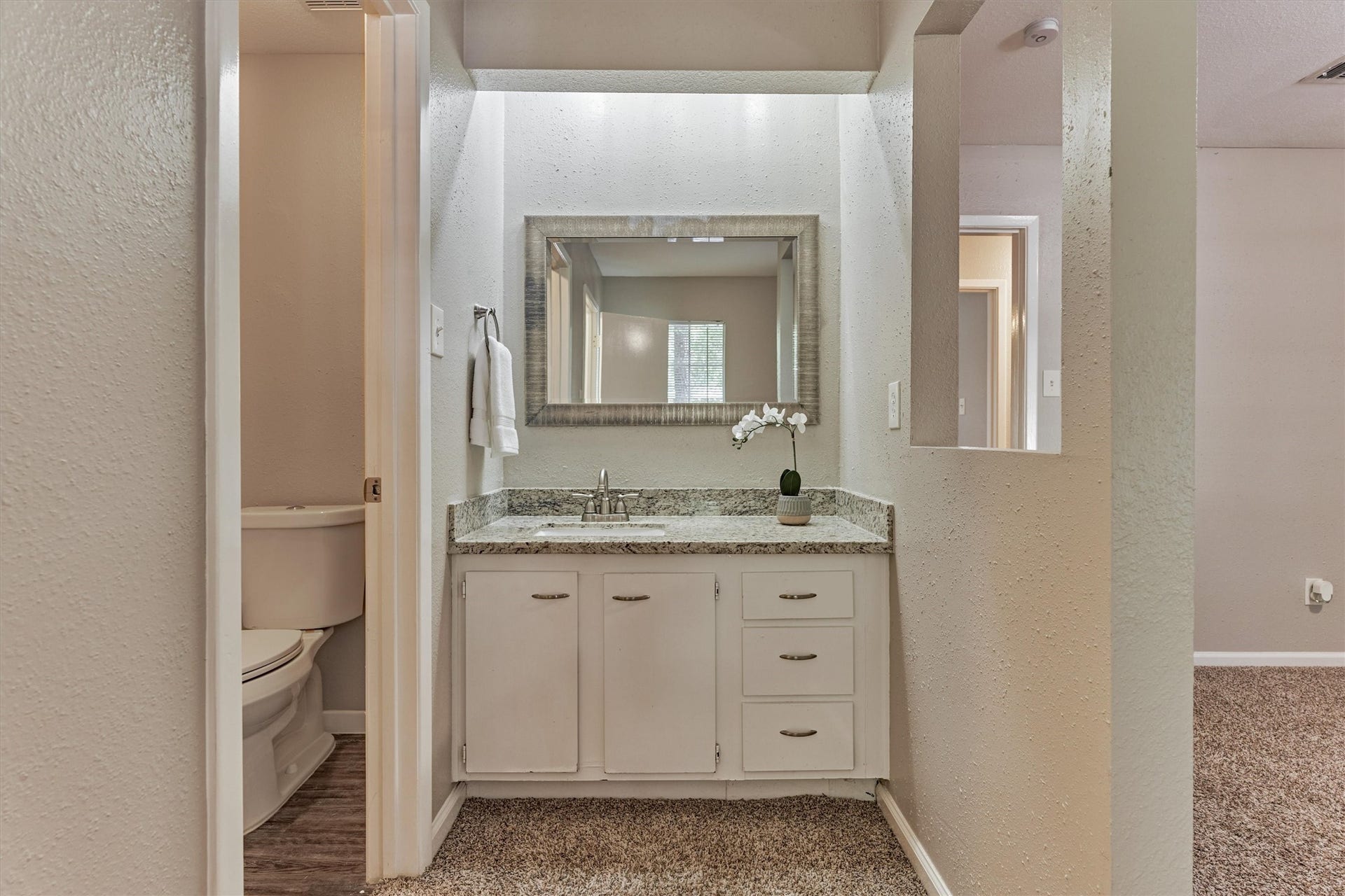 26 W Broken Oak Court, The Woodlands, TX 77381 The vanity with granite counter top is separate from the shower and toilet maximizing the usage of the spaces.