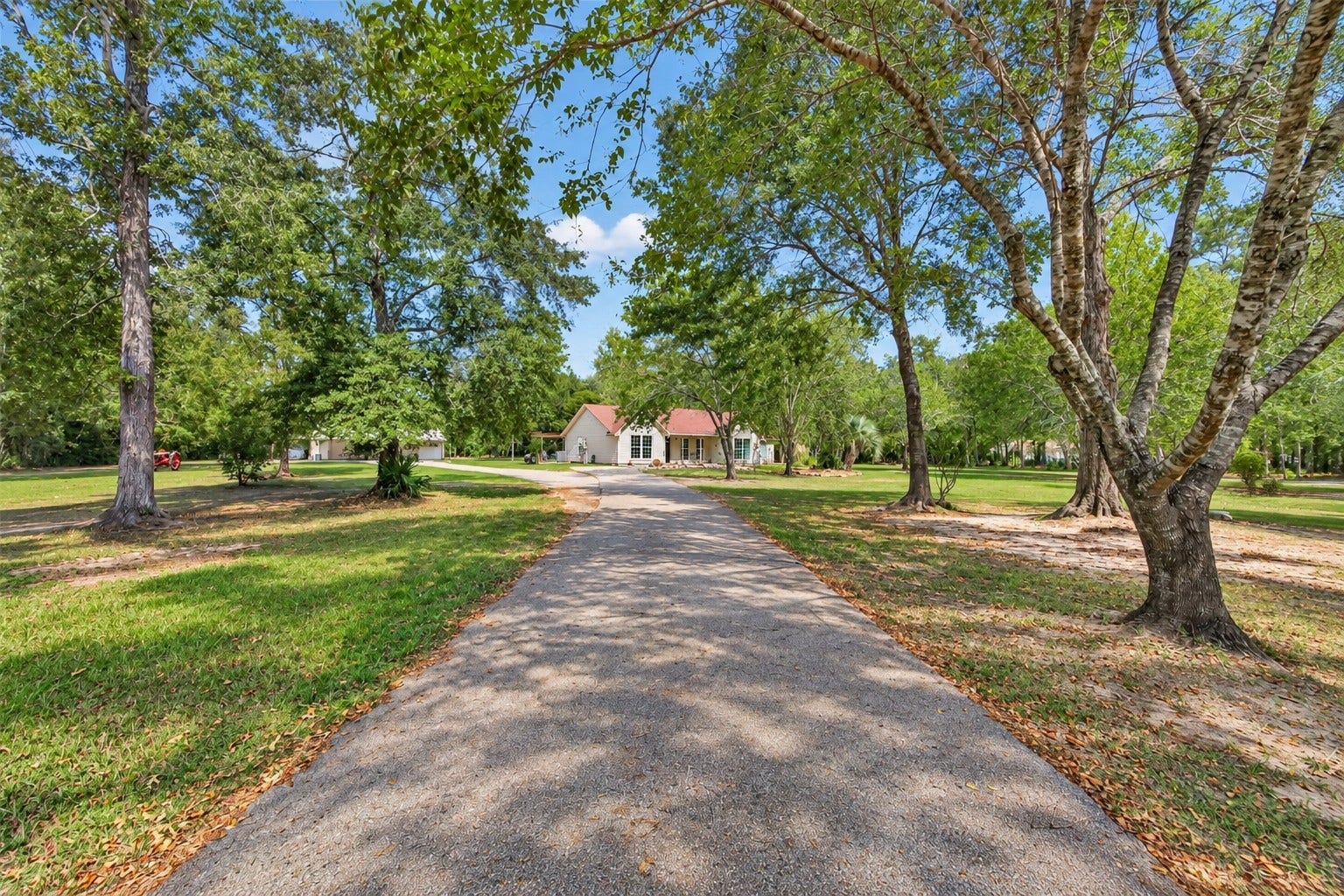 As you continue down the tree-lined drive, the home comes into view surrounded by mature trees and open acreage.