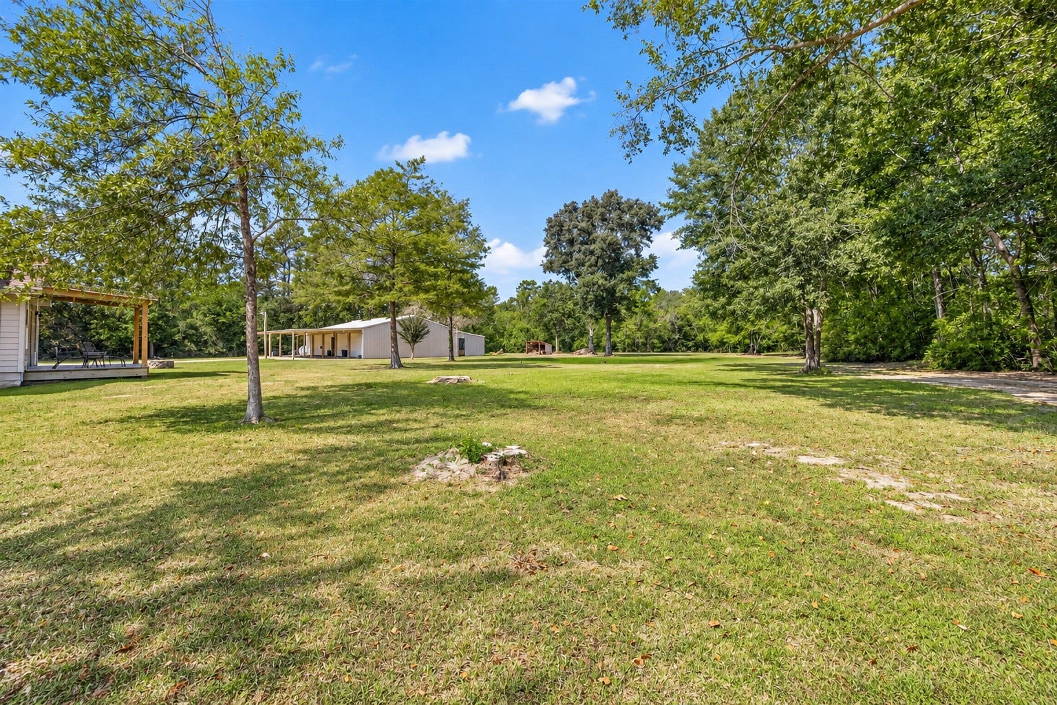 Expansive Backyard  Plenty of open space surrounded by mature trees, with a view of the 4-car bay shop and covered patio.