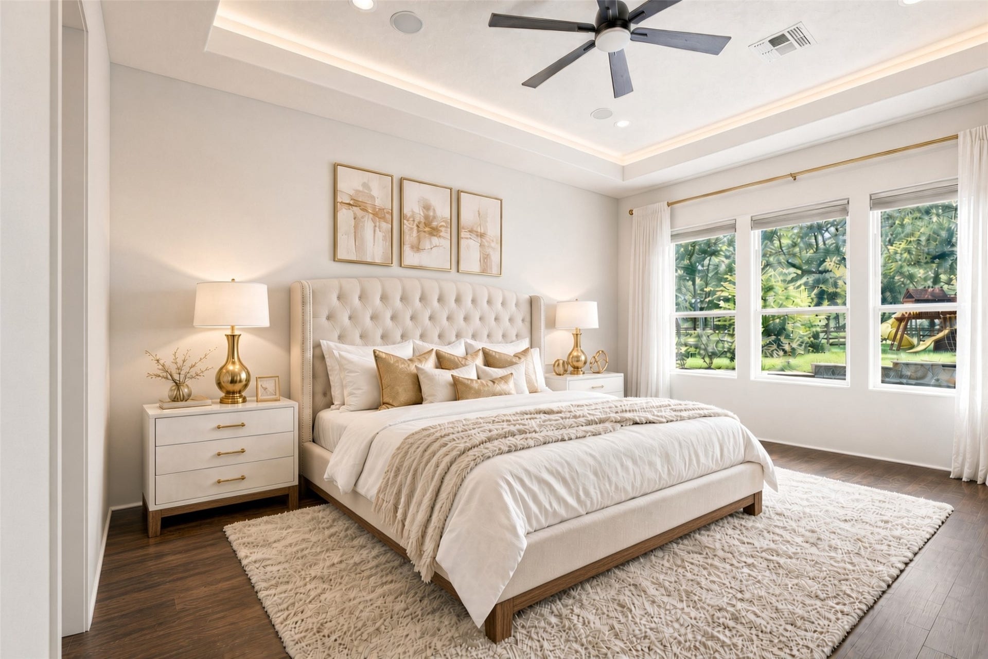 Primary bedroom with large windows looking out onto the backyard.
*Virtually Staged*