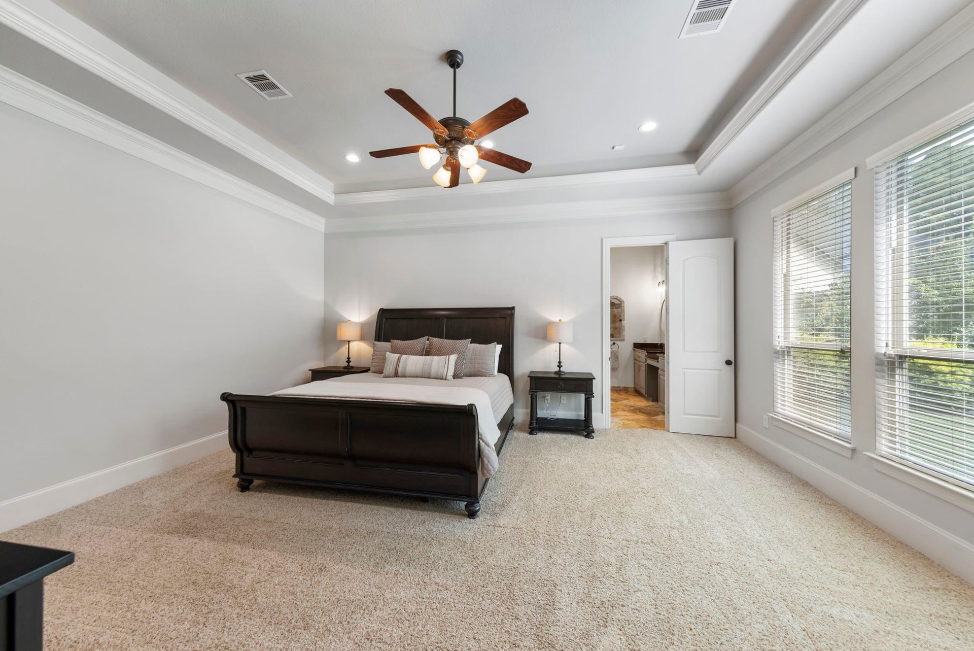 A dramatic tray ceiling with crisp crown molding crowns this generously proportioned primary suite, awash in soft natural light from oversized windows.