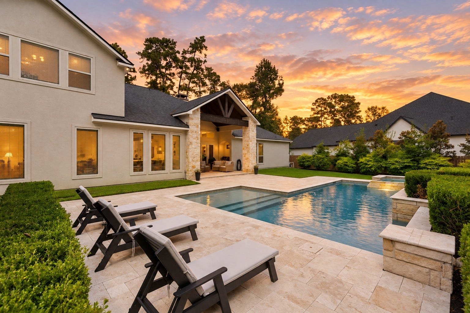 A stunning dusk capture showcases the home's stone-and-stucco elevation glowing warmly against a vivid sunset sky, with the sparkling pool and raised spa reflecting the golden light. The covered patio and timber-accented gable beckon for evening entertaining under a canopy of mature trees.