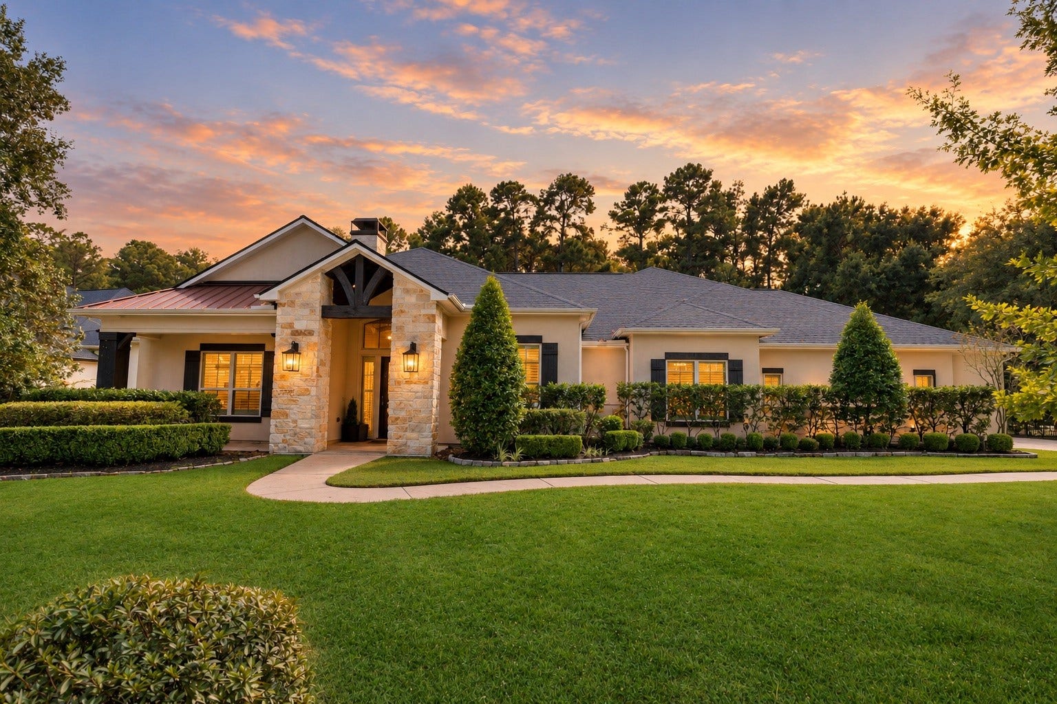 Bathed in the soft hues of sunset, this classic stone-and-stucco elevation showcases a dramatic timber entry portico flanked by manicured hedges and shaped hollies. A gracefully curving walkway and lush, sweeping lawn frame the home's inviting curb appeal as the sky glows overhead.