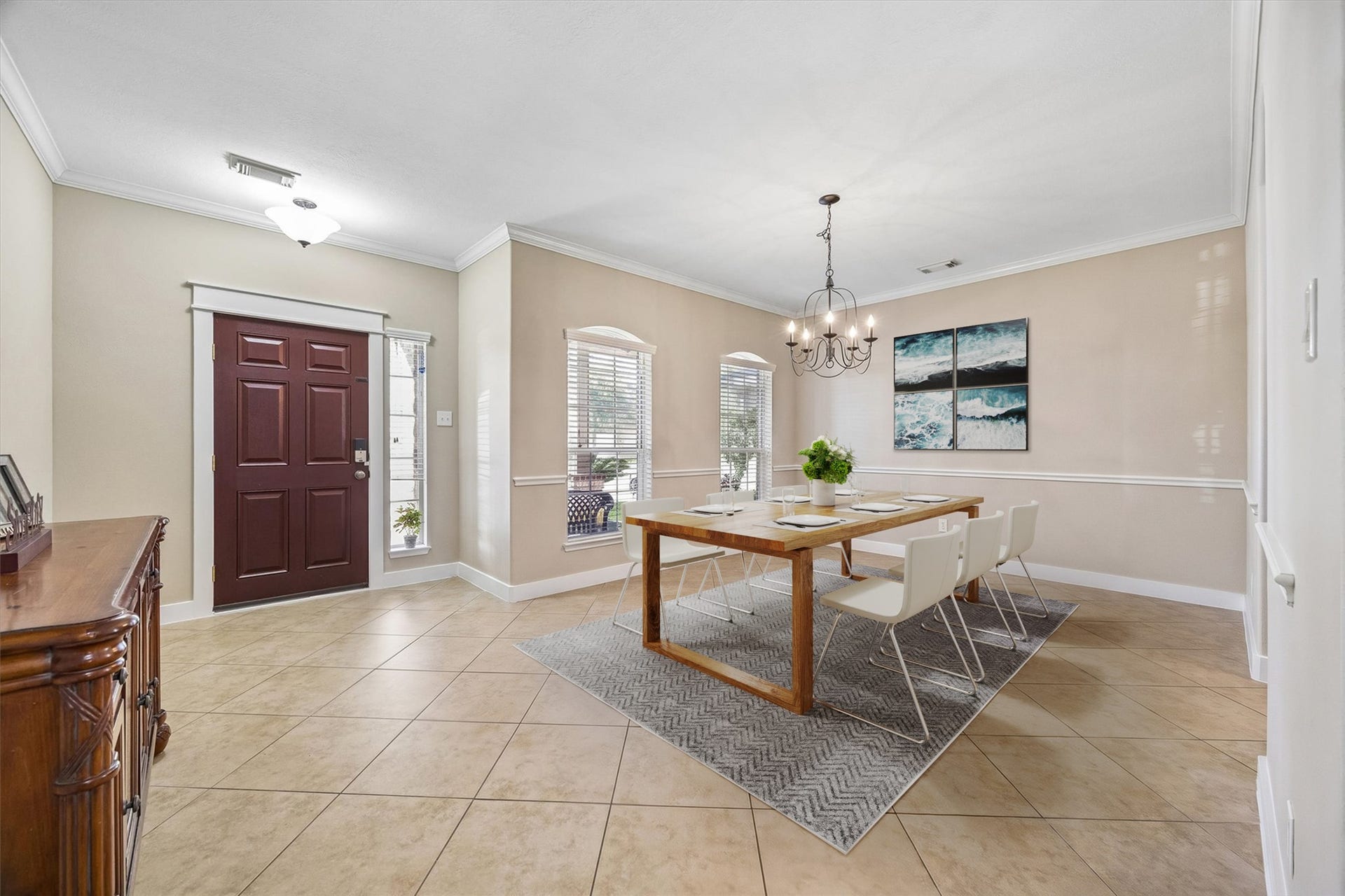 13918 Cypress Creek Bank Drive, Cypress, TX 77429 This inviting dining room offers plenty of space to gather for everyday meals or special occasions. Neutral finishes, tile flooring, and an open connection to the surrounding living spaces make entertaining easy.