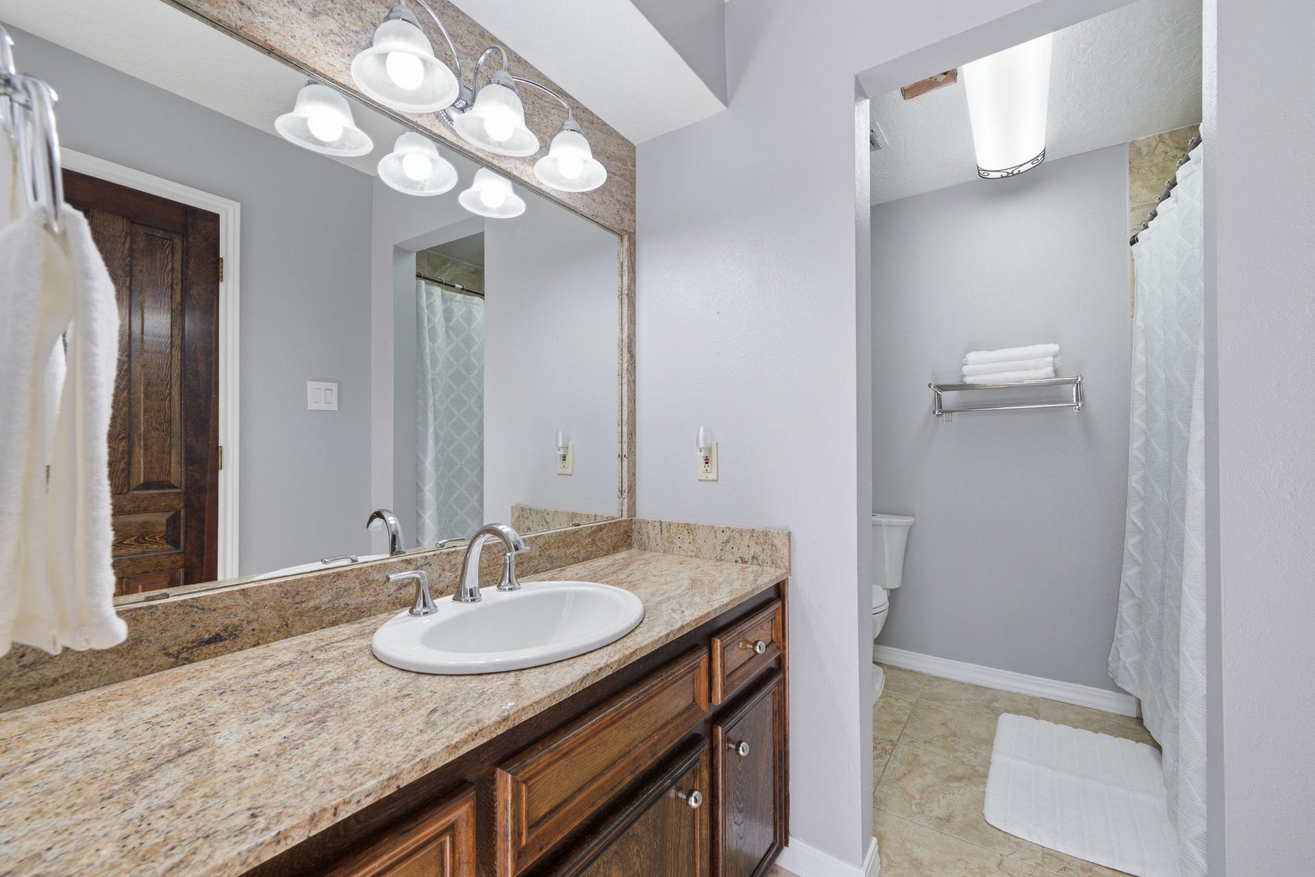 Guest bathroom featuring a granite vanity, warm wood cabinetry, and a separate walk-in shower.