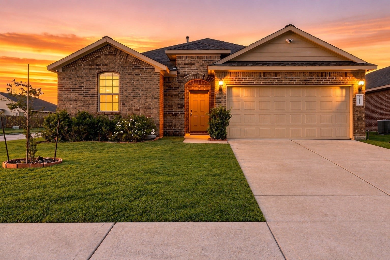 18042 Atwood Mill Drive, New Caney, TX 77357 Welcome home! Beautiful brick exterior showcased against a stunning Texas sunset, creating an inviting first impression. - Virtual grass enhancement and sunset