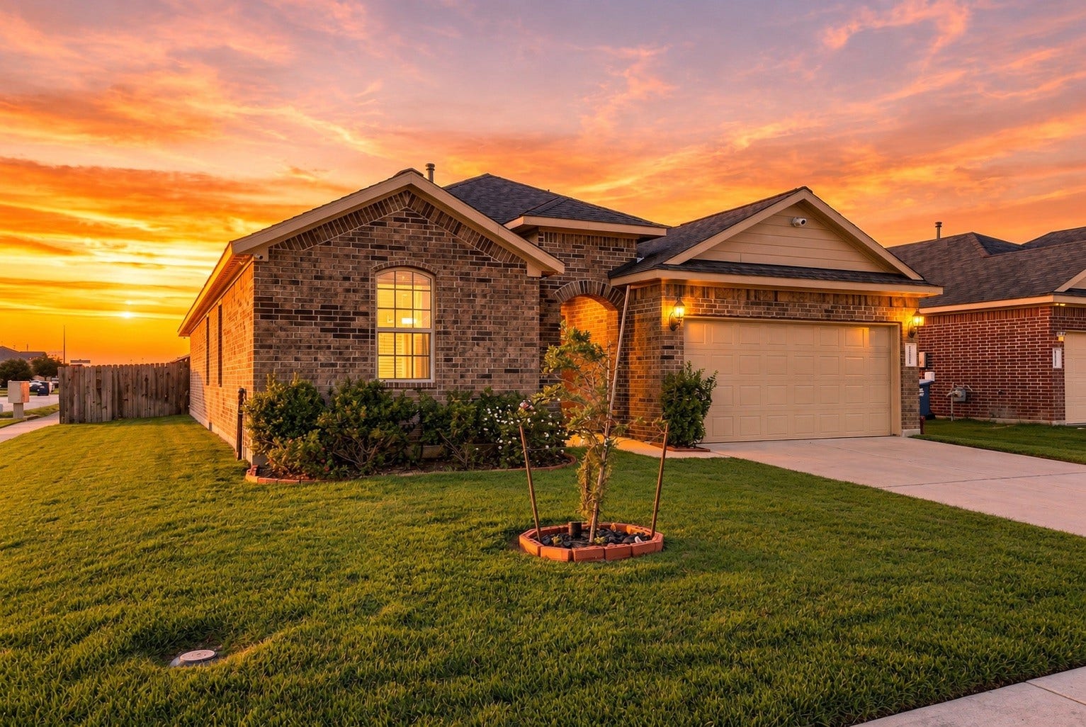 18042 Atwood Mill Drive, New Caney, TX 77357 Beautiful curb appeal from every angle, with established landscaping, brick exterior, and a well-maintained front lawn. - Virtual grass enhancement and sunset