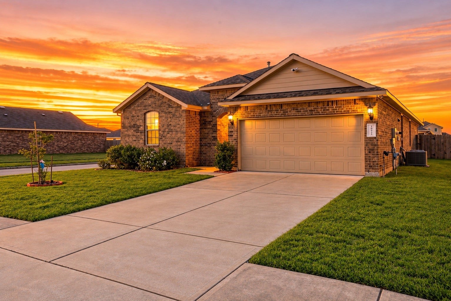 18042 Atwood Mill Drive, New Caney, TX 77357 Another look at the home's attractive brick exterior, two-car garage, manicured lawn (enhanced), and welcoming covered entry. - Virtual Sunset