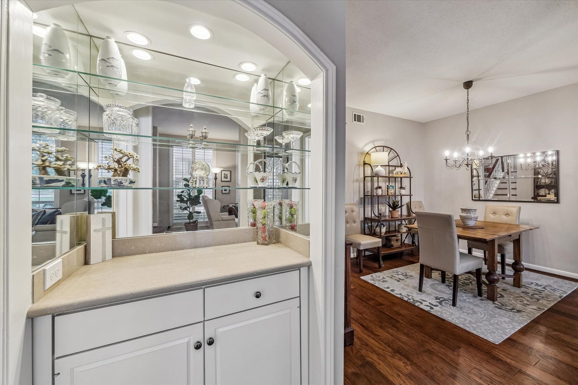 5904 Valley Forge Drive, #157, Houston, TX 77057 Elegant Bar off the Dining/Living Rooms boasts a marble counter, mirrored glass shelving, recessed lighting, great storage and more!