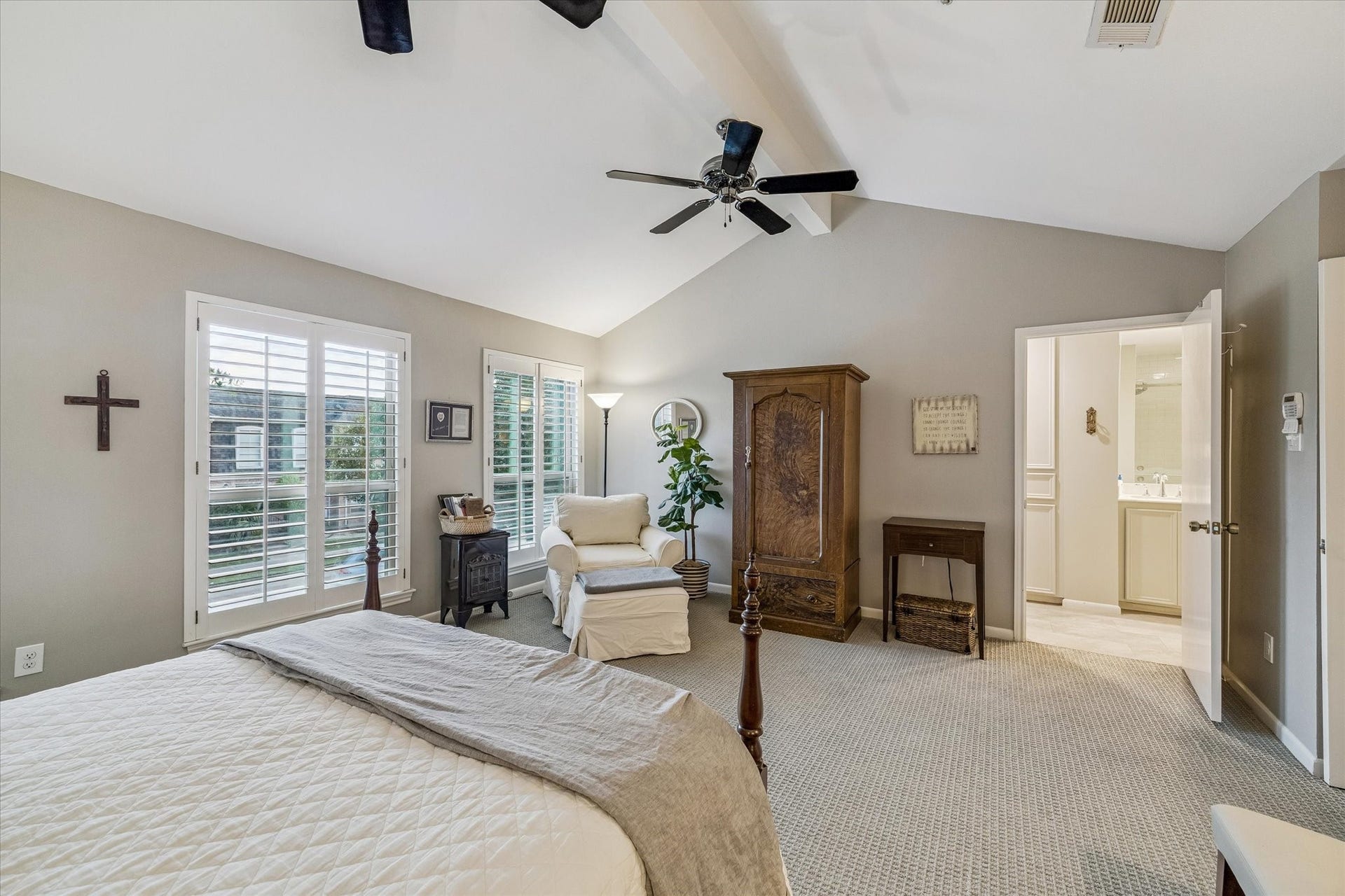 5904 Valley Forge Drive, #157, Houston, TX 77057 Another view of the lavish oversized Primary Retreat, boasting soaring ceilings and scenic tree-top views! NOTE all the extra space - ideal for having a separate sitting area w/ sofa, table & chairs, &/or that exercise bike, home office/desk or what ever you have always wanted in your Primary retreat! NICE!