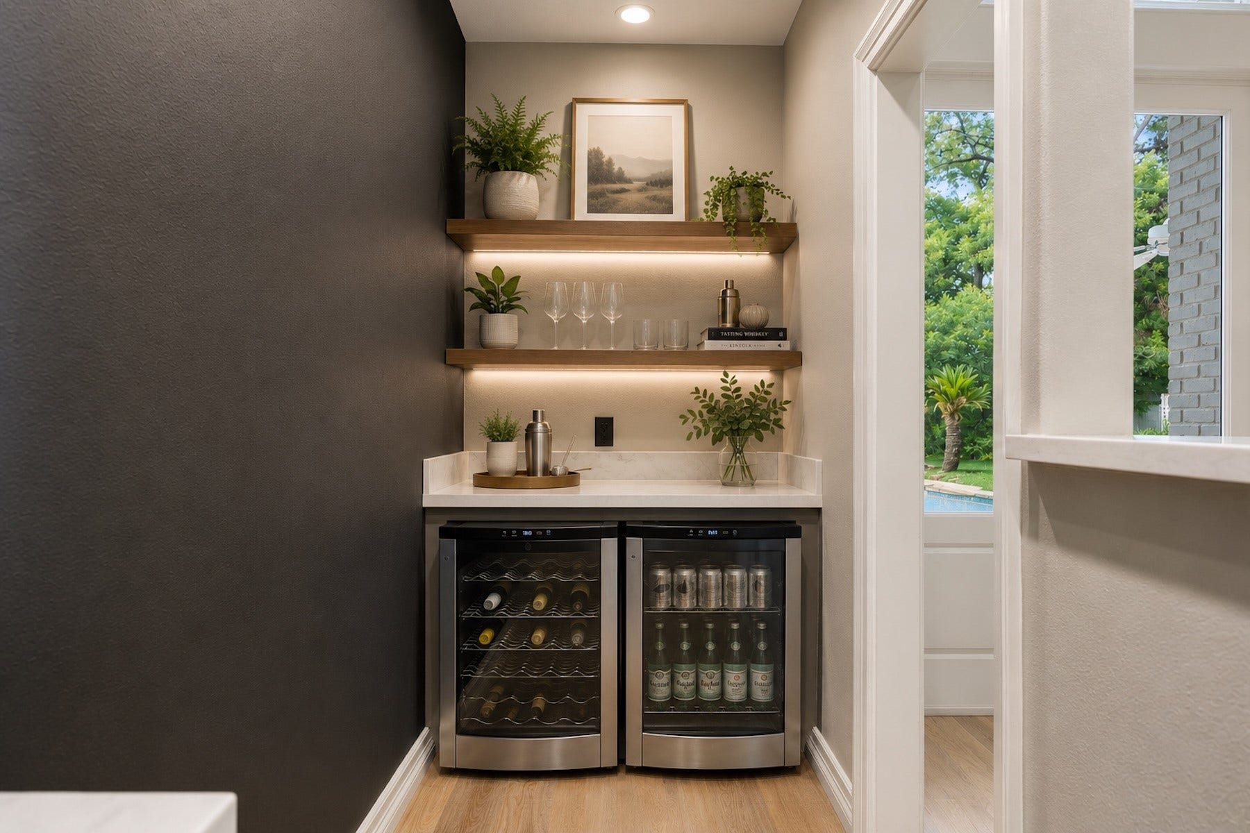 Virtually staged to showcase the built-in wet bar with beverage refrigeratoran inviting space for serving drinks and entertaining.