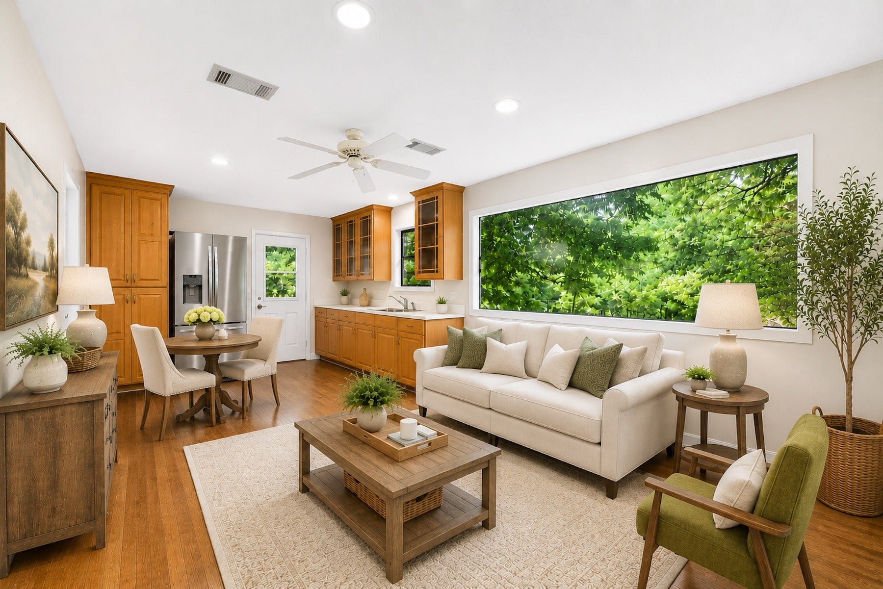 Detached 525 sq ft guest house with living area, kitchenette, bedroom, and full bath has been virtually staged. Notice the magnificent picture window with views of the tree lined property and creek behind the lot.