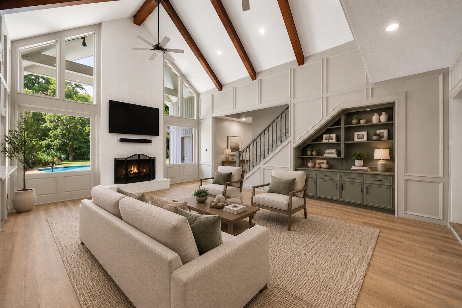 Virtually staged to showcase the warmth and versatility of the inviting family room, where soaring ceilings and custom built-ins create a comfortable gathering space. Plenty of room for all your big and cozy furniture.