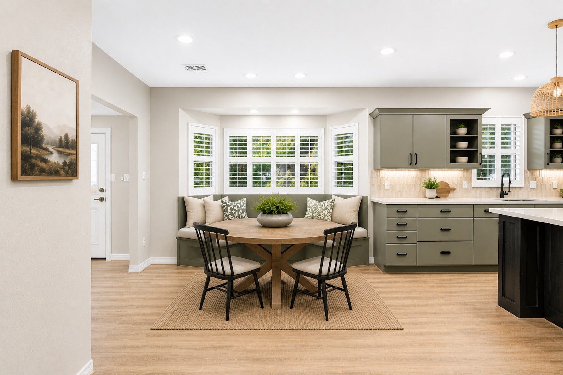 Virtually staged to illustrate the warmth and functionality of the built-in breakfast banquette overlooking the 200 year old pecan and magnolia trees on the side of the house.