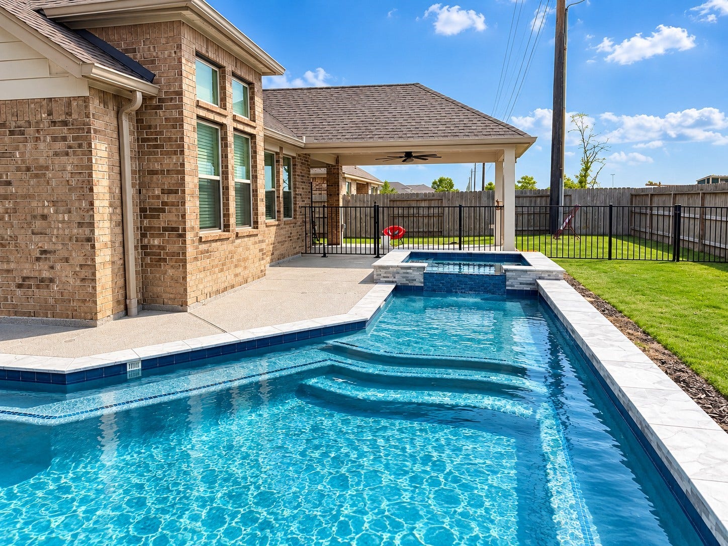 14918 Lake Shore Avenue, Mont Belvieu, TX 77523 Added in 2025, the heated pool features a generous tanning ledge trimmed in mosaic glass tile, an attached hot tub, and a depth reaching six feet for your own backyard escape.