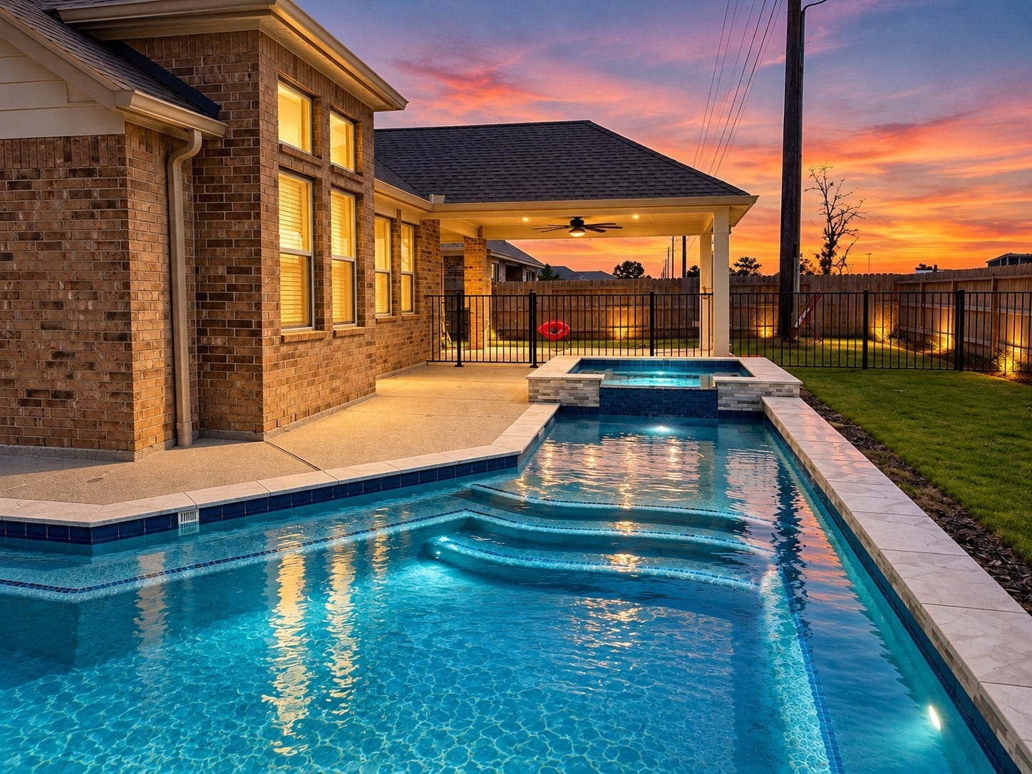 14918 Lake Shore Avenue, Mont Belvieu, TX 77523 Poolside evenings await, with a covered patio and an illuminated private pool creating a welcoming setting for unwinding or entertaining.