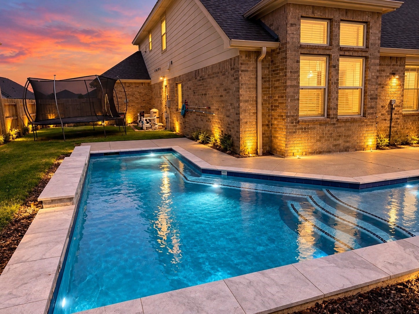 14918 Lake Shore Avenue, Mont Belvieu, TX 77523 End the day with a swim in the heated pool or a relaxing soak in the attached hot tub. Warm evening lighting creates an inviting backdrop for this backyard retreat, added in 2025.
