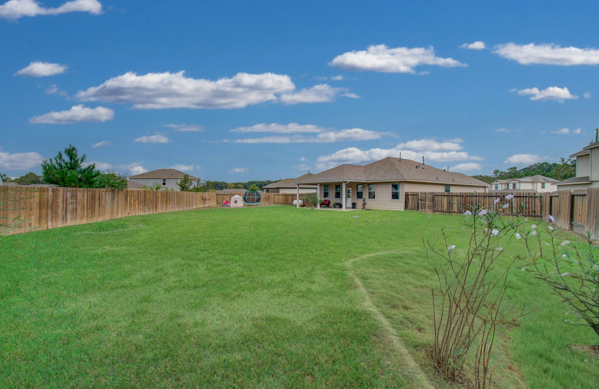 11064 Patriot Court, Cleveland, TX 77328 Expansive backyard with lush green grass, perfect for outdoor activities and relaxation, surrounded by a secure wooden fence.