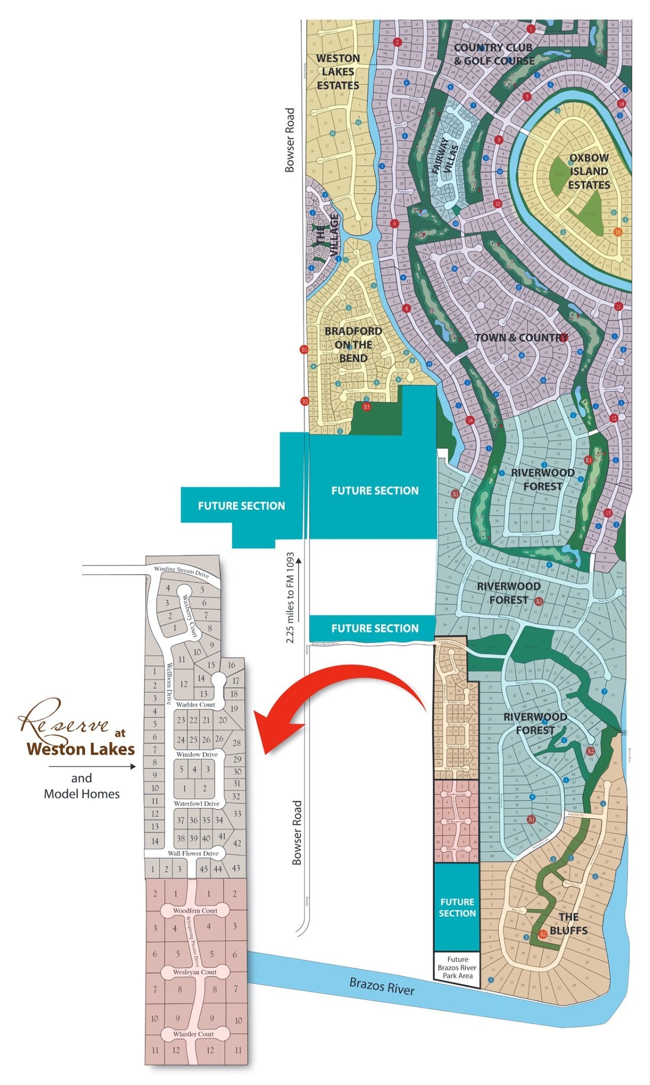 The Reserve is a wonderful Weston Lakes section. Don't miss the private Brazos River park!