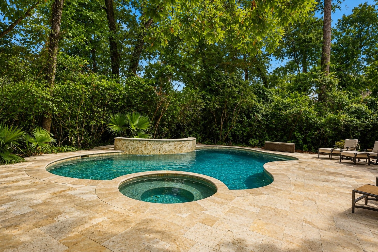 7 Pastoral Pond Circle, The Woodlands, TX 77380 Updated pool and spa featuring travertine decking and a peaceful waterfall.