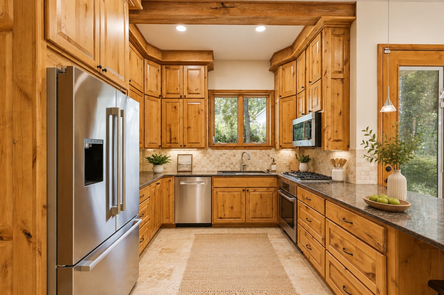 7 Pastoral Pond Circle, The Woodlands, TX 77380 This sunlit guest house kitchen features high-end stainless steel appliances, custom cabinetry, and expansive countertops. Fully stocked and open-concept, it perfectly blends gourmet functionality with a warm, inviting atmosphere for cooking and entertaining.