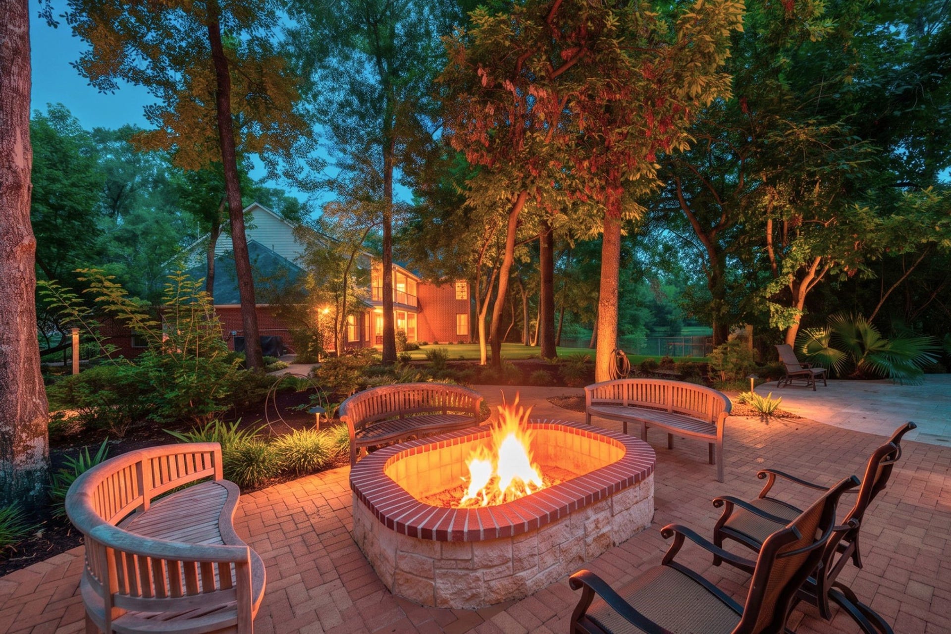 7 Pastoral Pond Circle, The Woodlands, TX 77380 Expansive fire pit area, seamlessly situated next to the pavilion and outdoor kitchen, perfect for outdoor entertaining.
