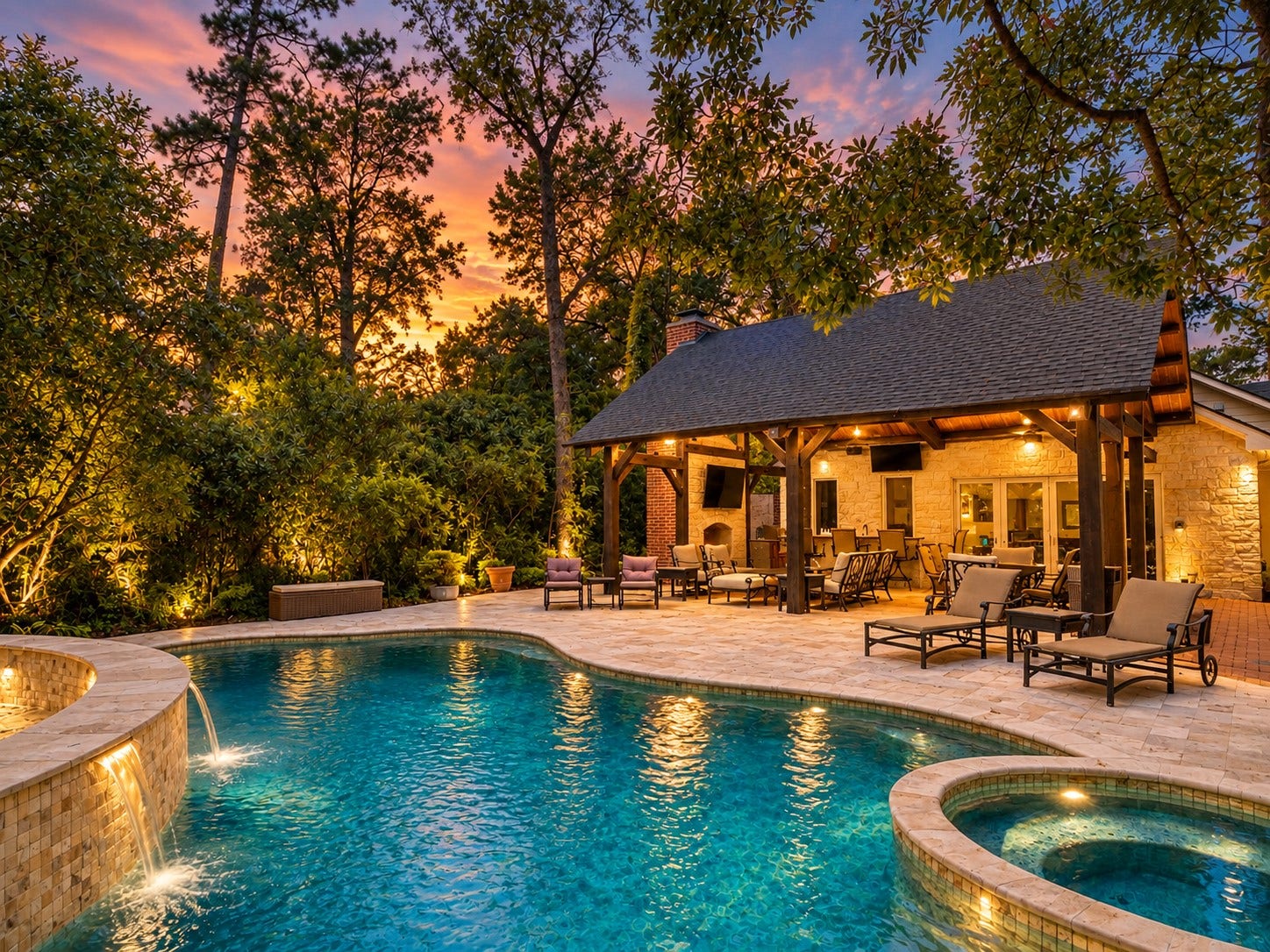 7 Pastoral Pond Circle, The Woodlands, TX 77380 Enhanced twilight view of pool, pavillion and guest house