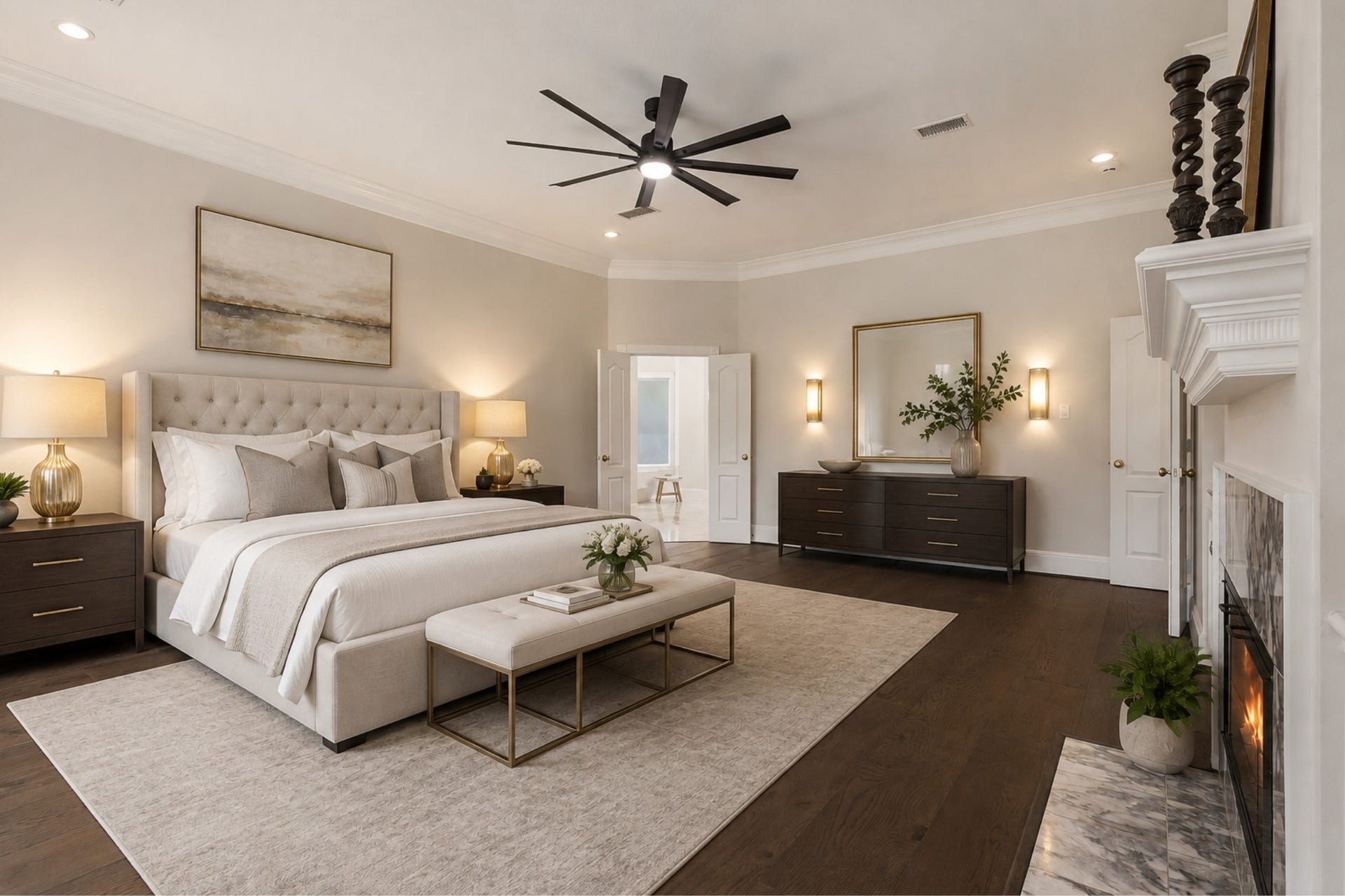 7 Pastoral Pond Circle, The Woodlands, TX 77380 Virtually Staged Primary Suite with fireplace and builtins