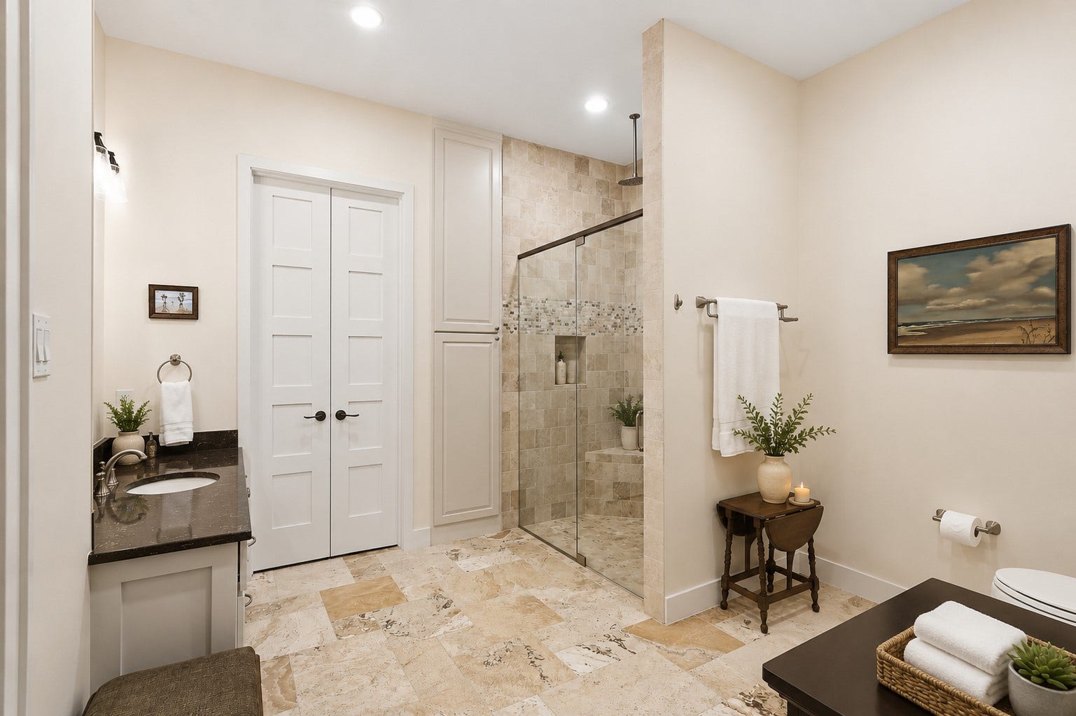 7 Pastoral Pond Circle, The Woodlands, TX 77380 Ensuite bathroom in the guest house featuring a bidet, large shower, and spacious walk-in closet. Virtually staged
