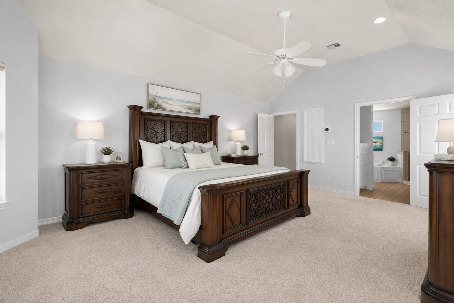 314 Windward Way, Tiki Island, TX 77554 On the second floor, the private primary retreat offers its own waterfront balcony and spa-inspired en-suite with soaking tub, walk-in shower, dual sinks, and walk-in closet.