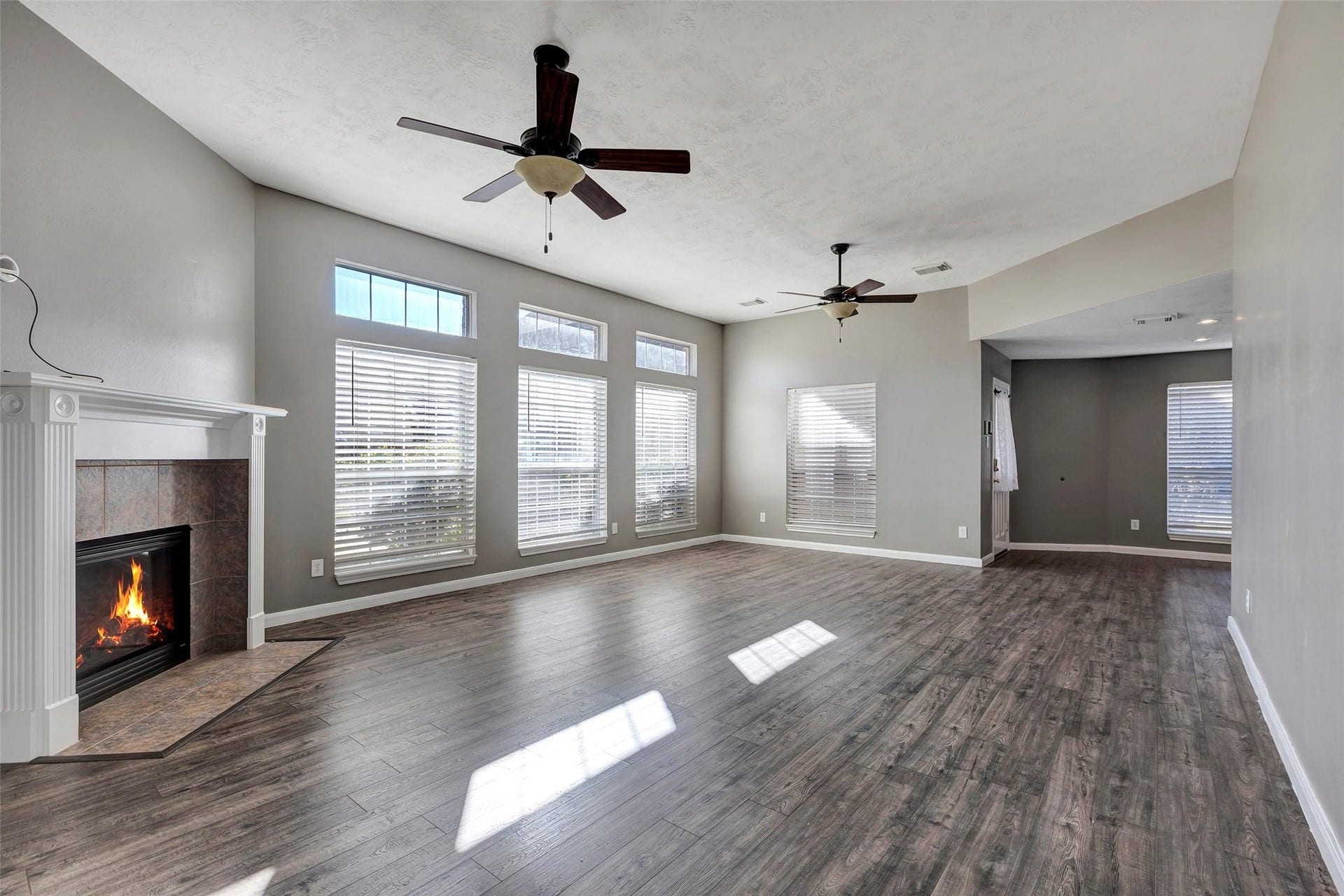 11514 Tara Place, Pearland, TX 77584 Living room features Twin ceiling Fans and a glowing fire place