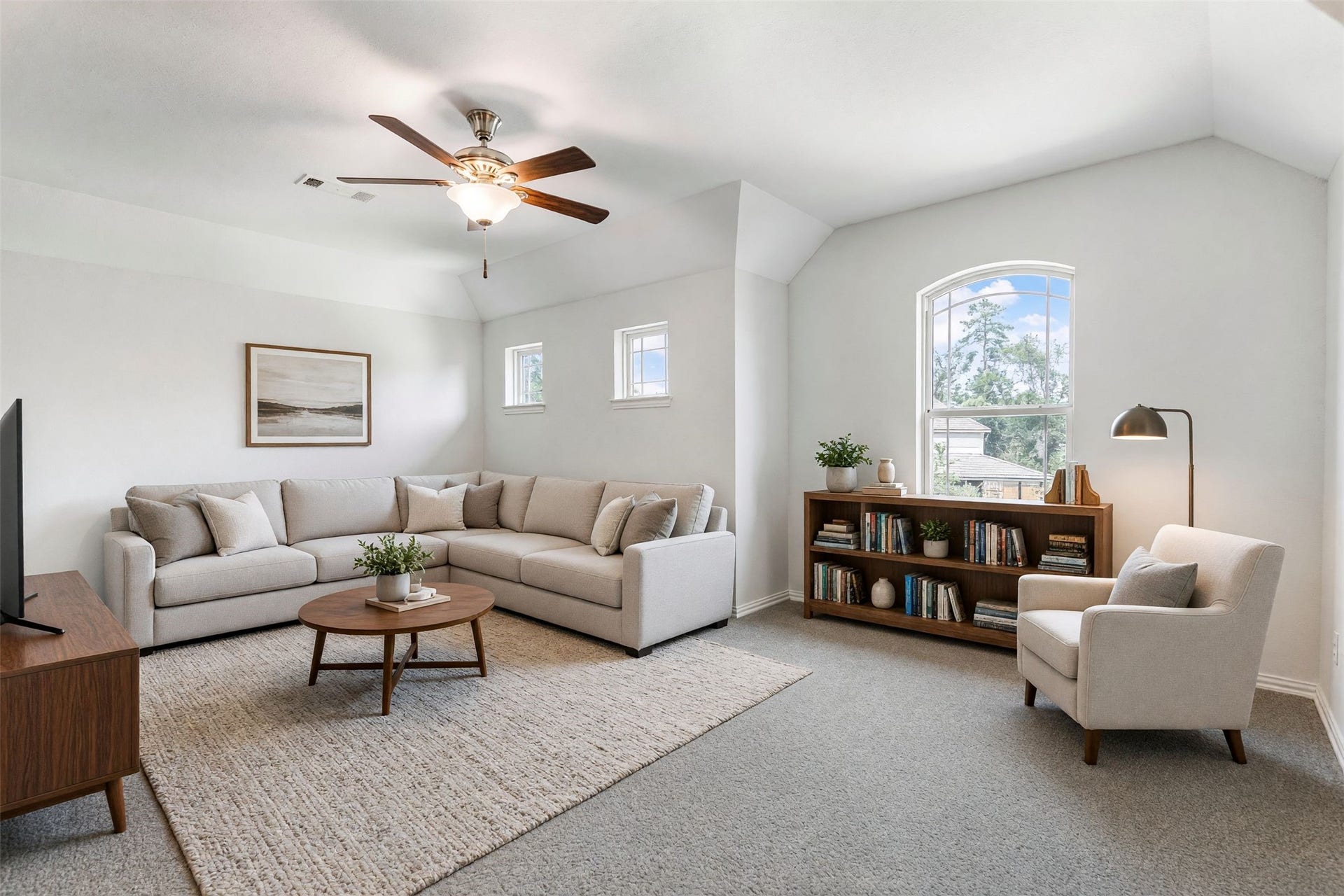 Virtually staged upstairs game room.