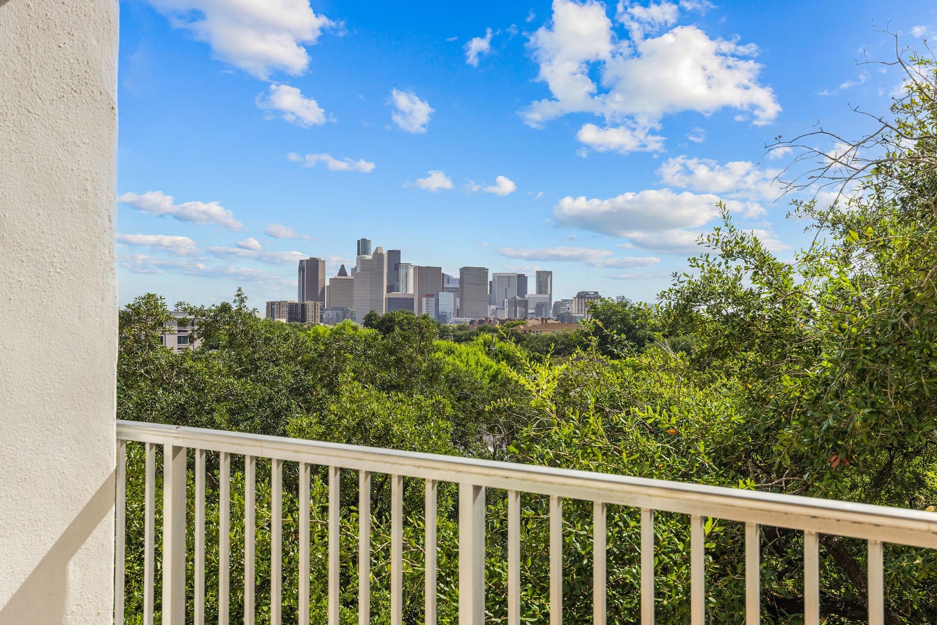 3600 Montrose Boulevard, #501, Houston, TX 77006 Enjoy stunning city skyline views from this spacious balcony, surrounded by lush greenery for a serene oasis.