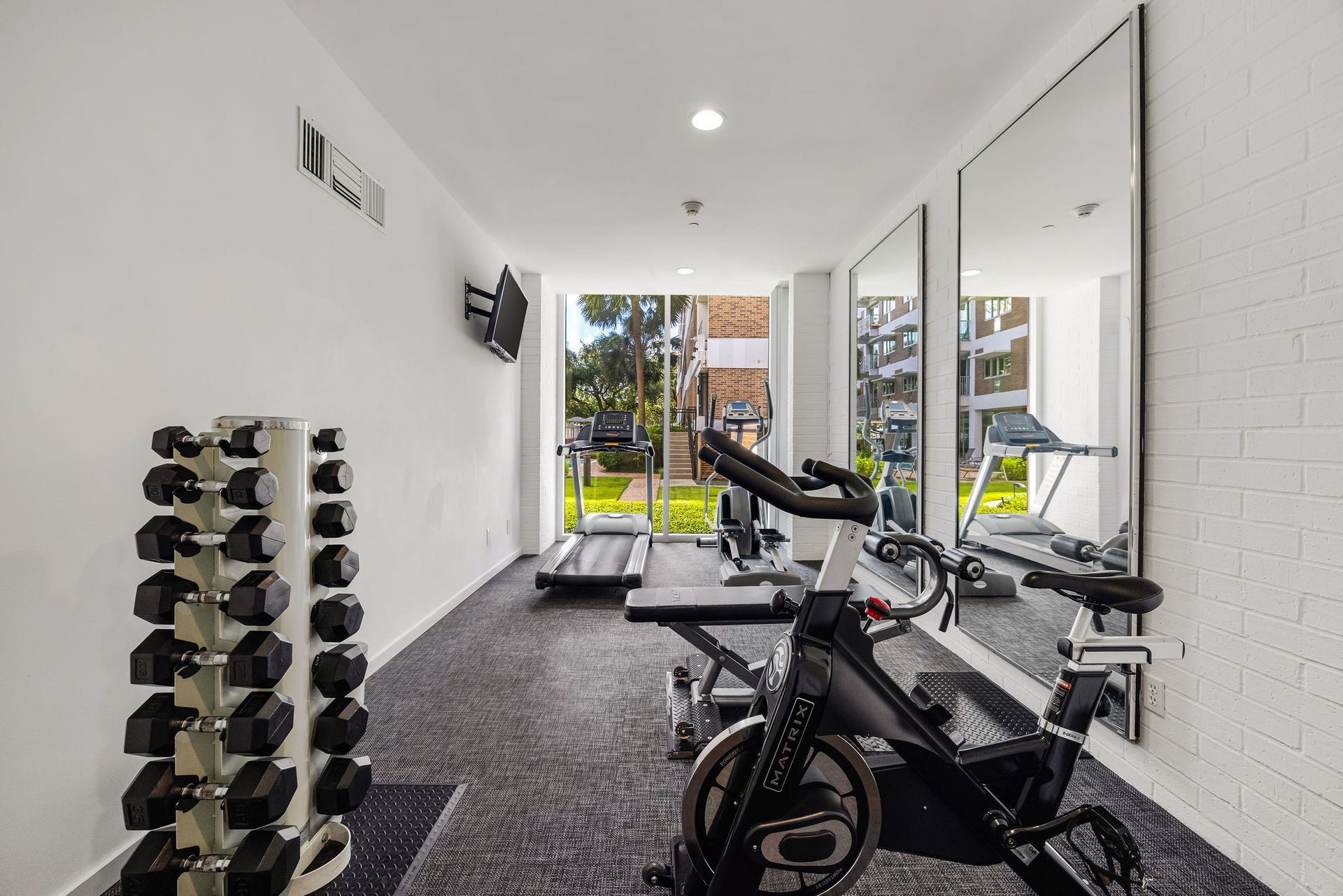 3600 Montrose Boulevard, #501, Houston, TX 77006 Bright and modern gym equipped with a variety of exercise machines and free weights, complemented by large mirrors and a TV for an enhanced workout experience.