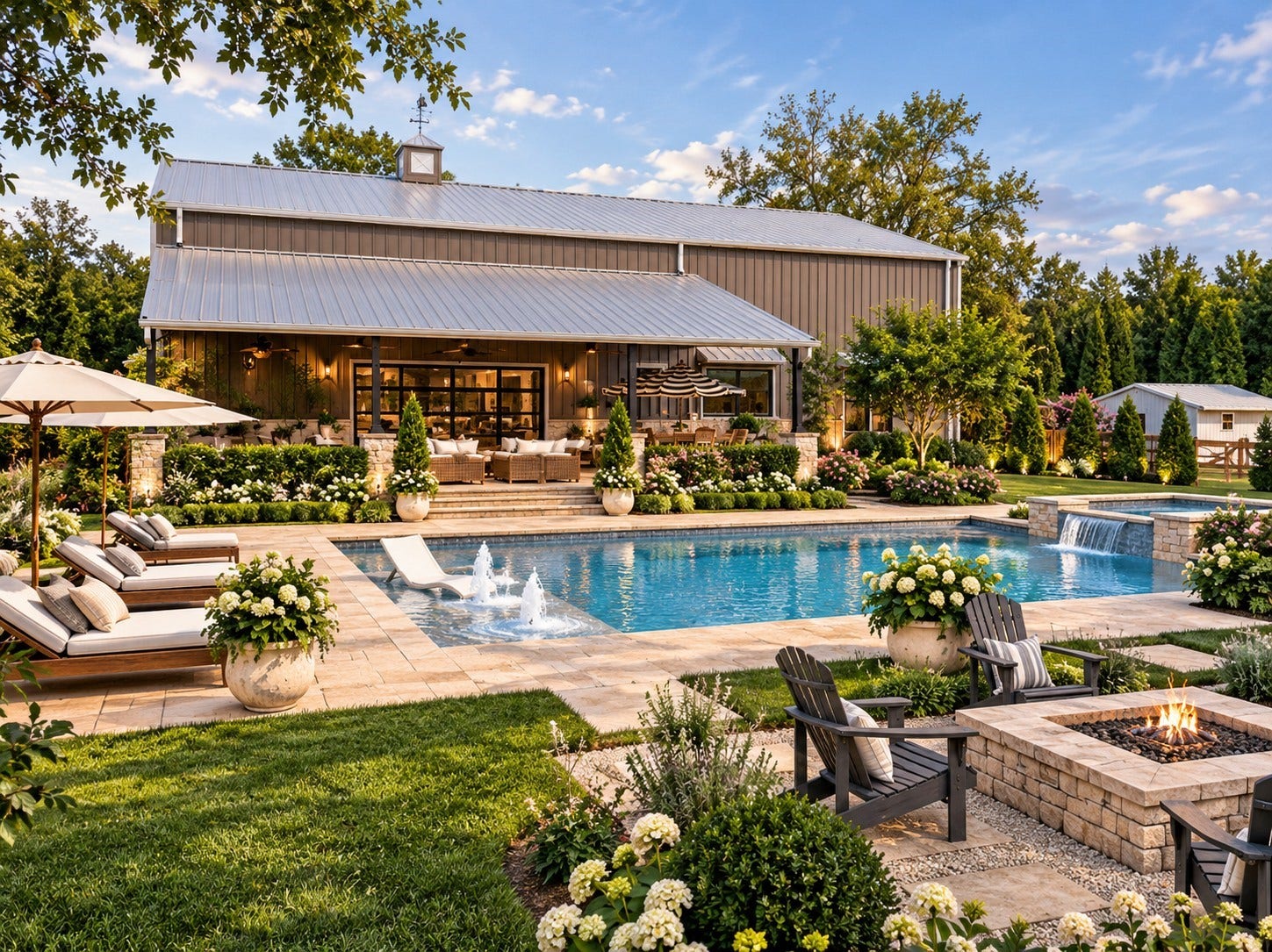 Virtually staged pool and privacy landscaping.