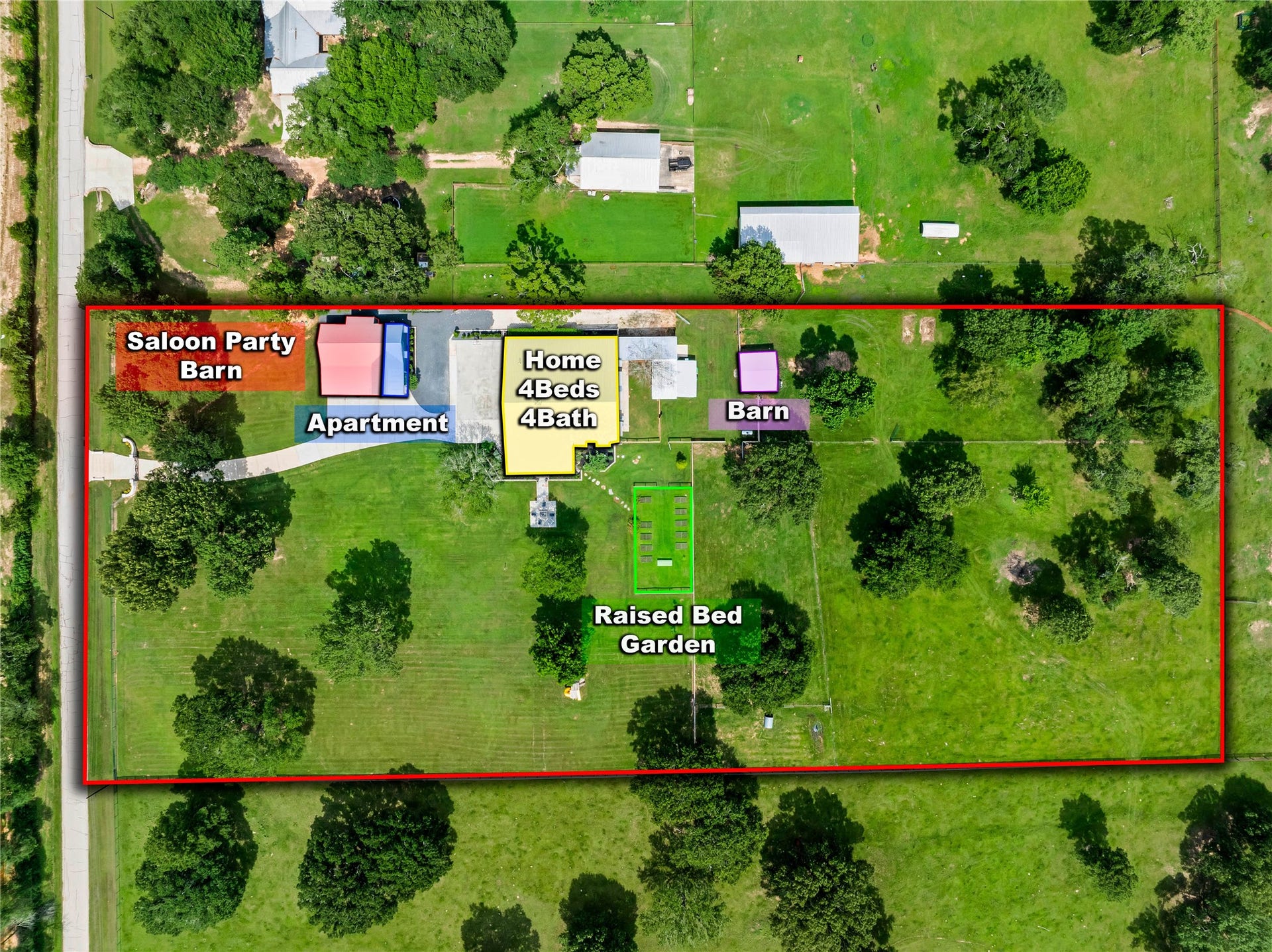 Aerial overview of the 5.93-acre property featuring the main home, 700 sq. ft. garage apartment, 1050 sq ft saloon party barn, additional barn, raised garden beds, and expansive fenced pasture.