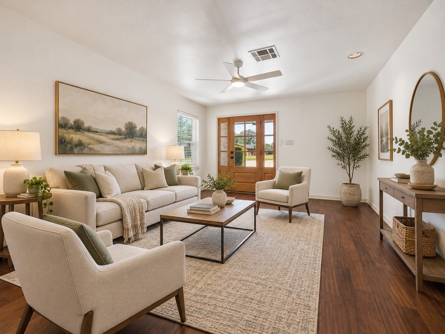 Ditigally Staged. The formal living room welcomes guests with wood flooring plenty of natural light. This wonderful second living space offers flexibility for entertaining or everyday use.