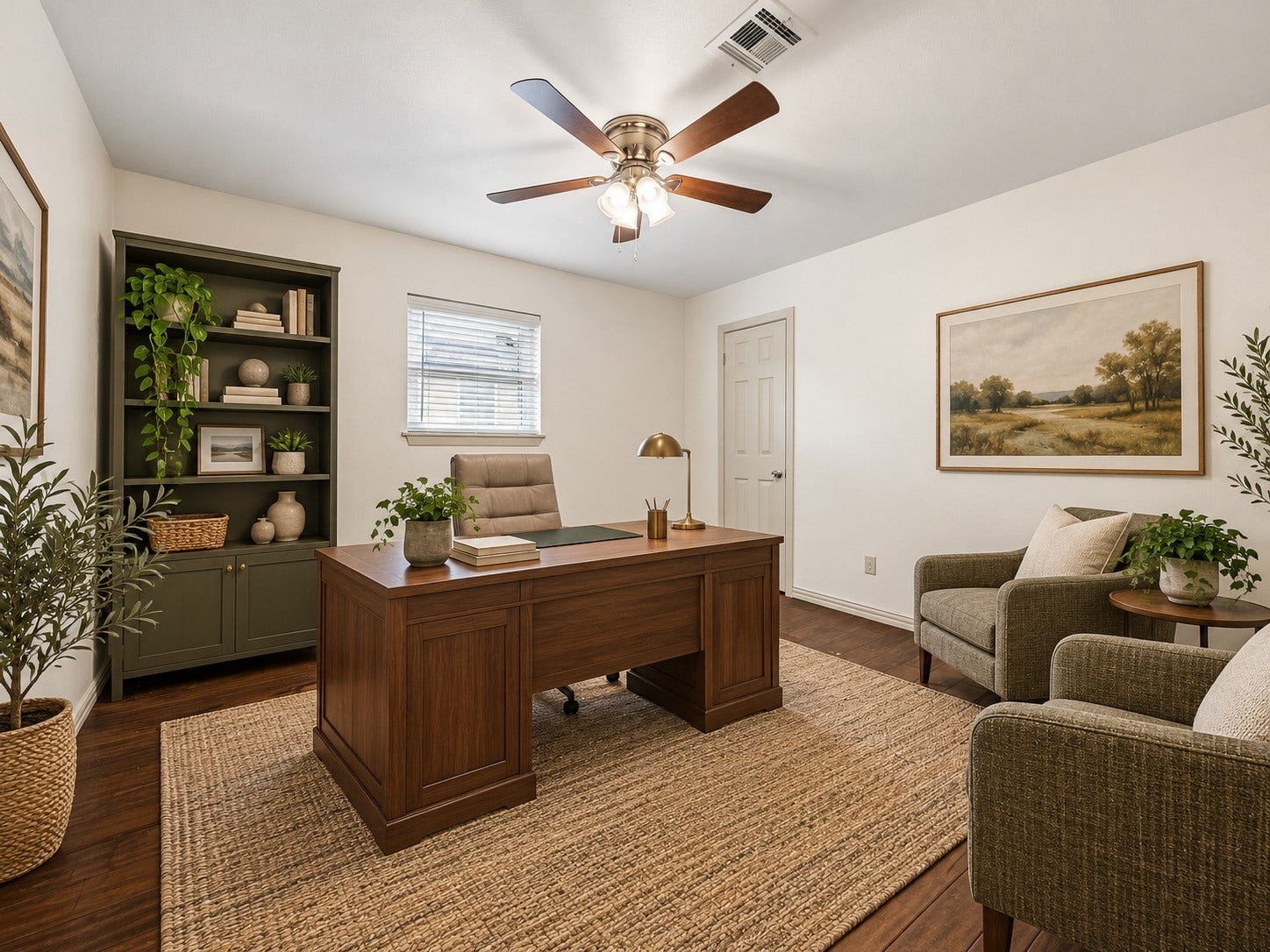 Digitally Staged. Currently shown as a home office, this versatile room offers the flexibility to serve as a secondary bedroom, with wood flooring and fresh interior paint.