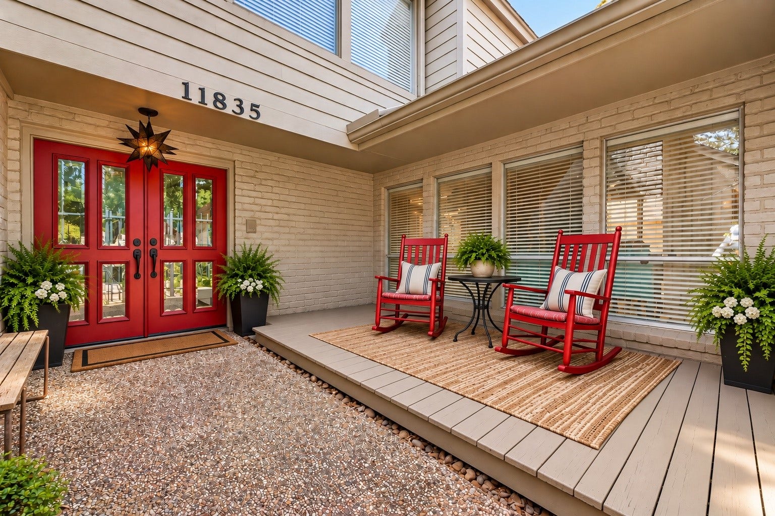 ** VIRTUALLY STAGED ** Front porch with eye-catching red double doors and inviting rocking chairs, perfect for relaxing outdoors.