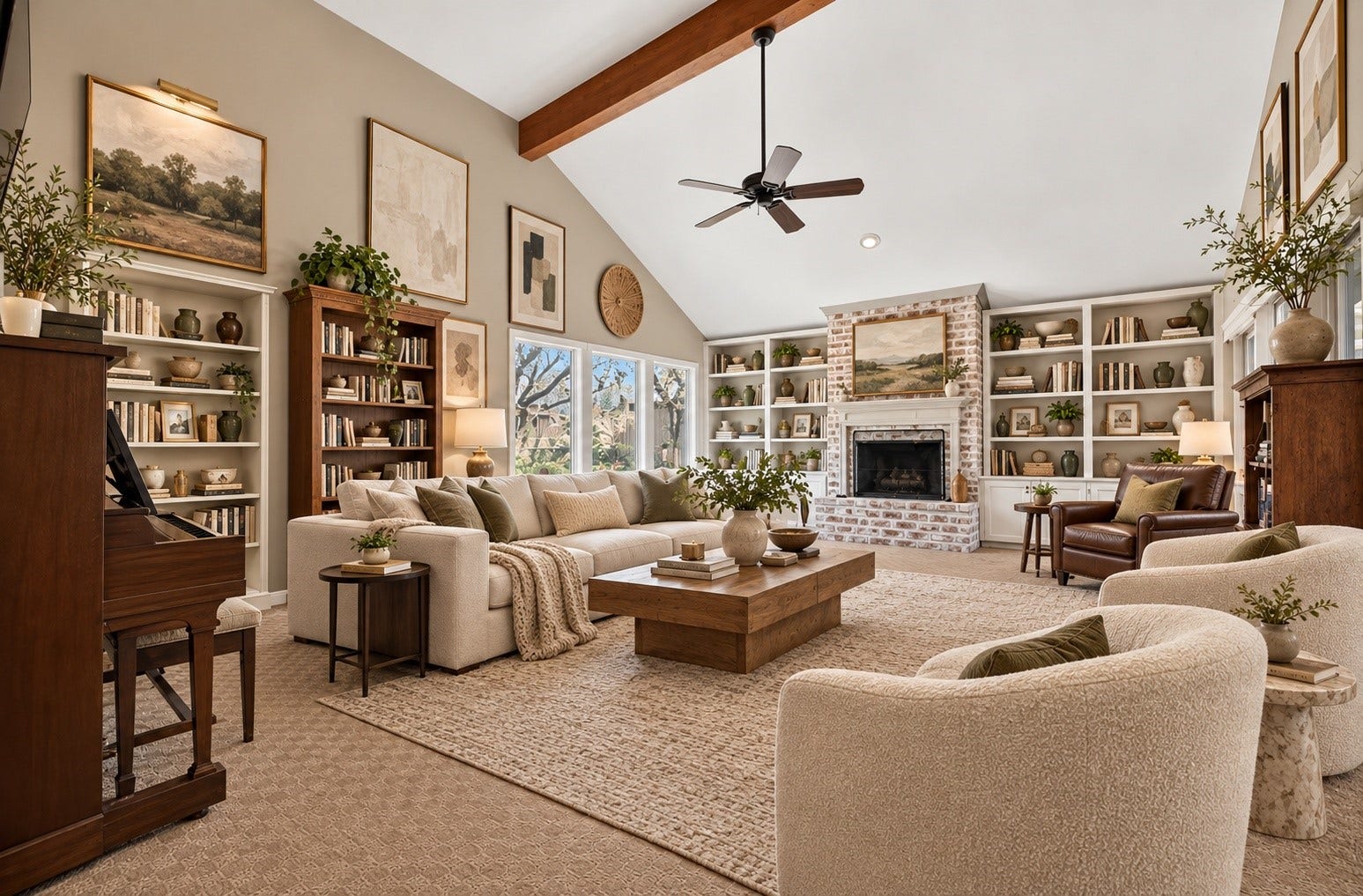 ** VIRTUALLY STAGED ** Spacious living room with vaulted ceilings, cozy brick fireplace, and abundant natural light. Built-in shelves and elegant decor create a warm, inviting atmosphere perfect for relaxation and gatherings.